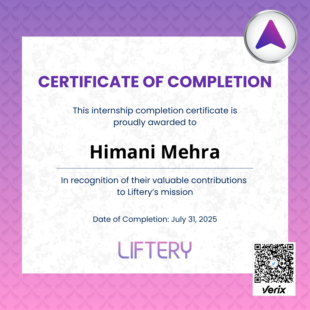 Liftery Internship Completion Certificate