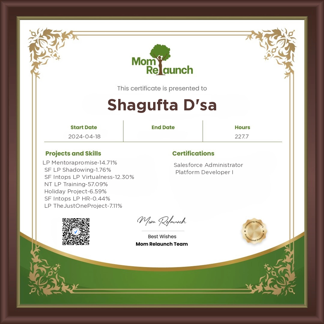 Mom Relaunch Alumni Certificate: Shagufta D'sa