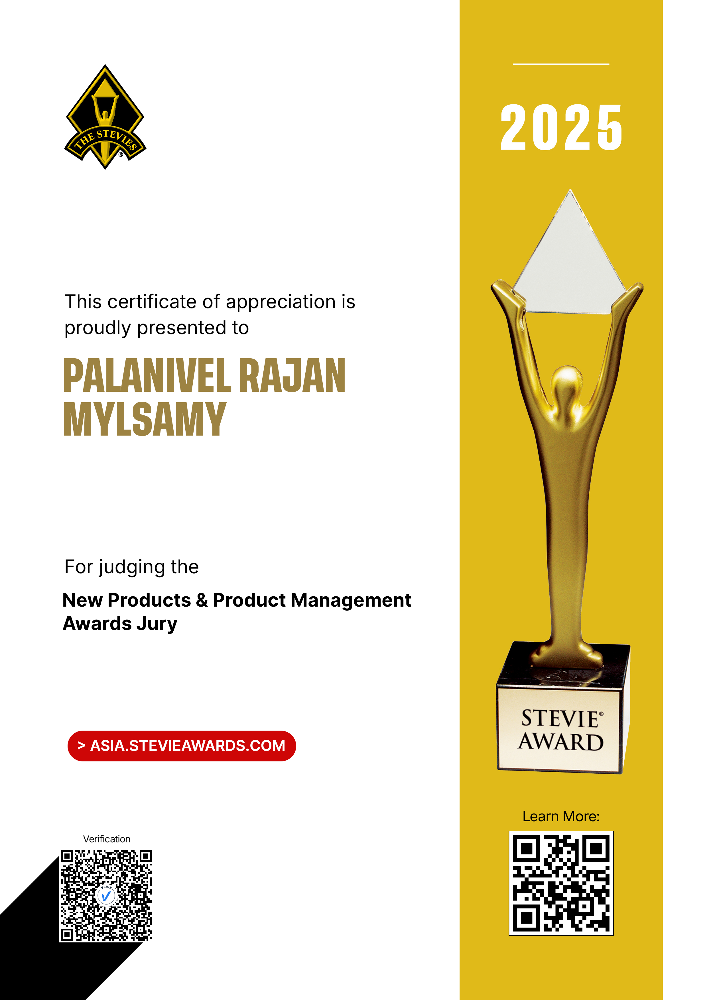 Asia-Pacific Stevie® Awards Jury Certificate: Palanivel Rajan Mylsamy