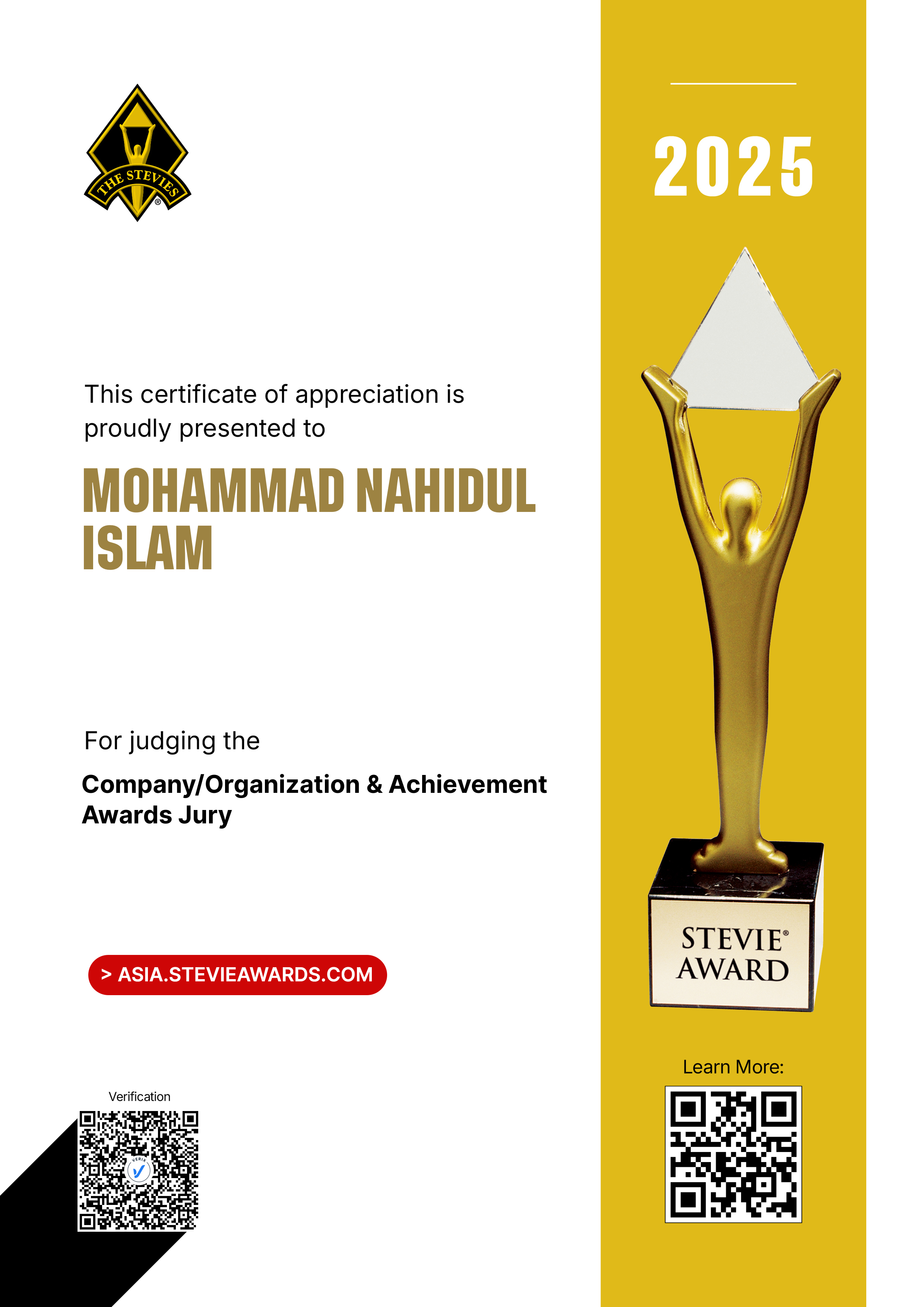 Asia-Pacific Stevie® Awards Jury Certificate: Mohammad Nahidul Islam