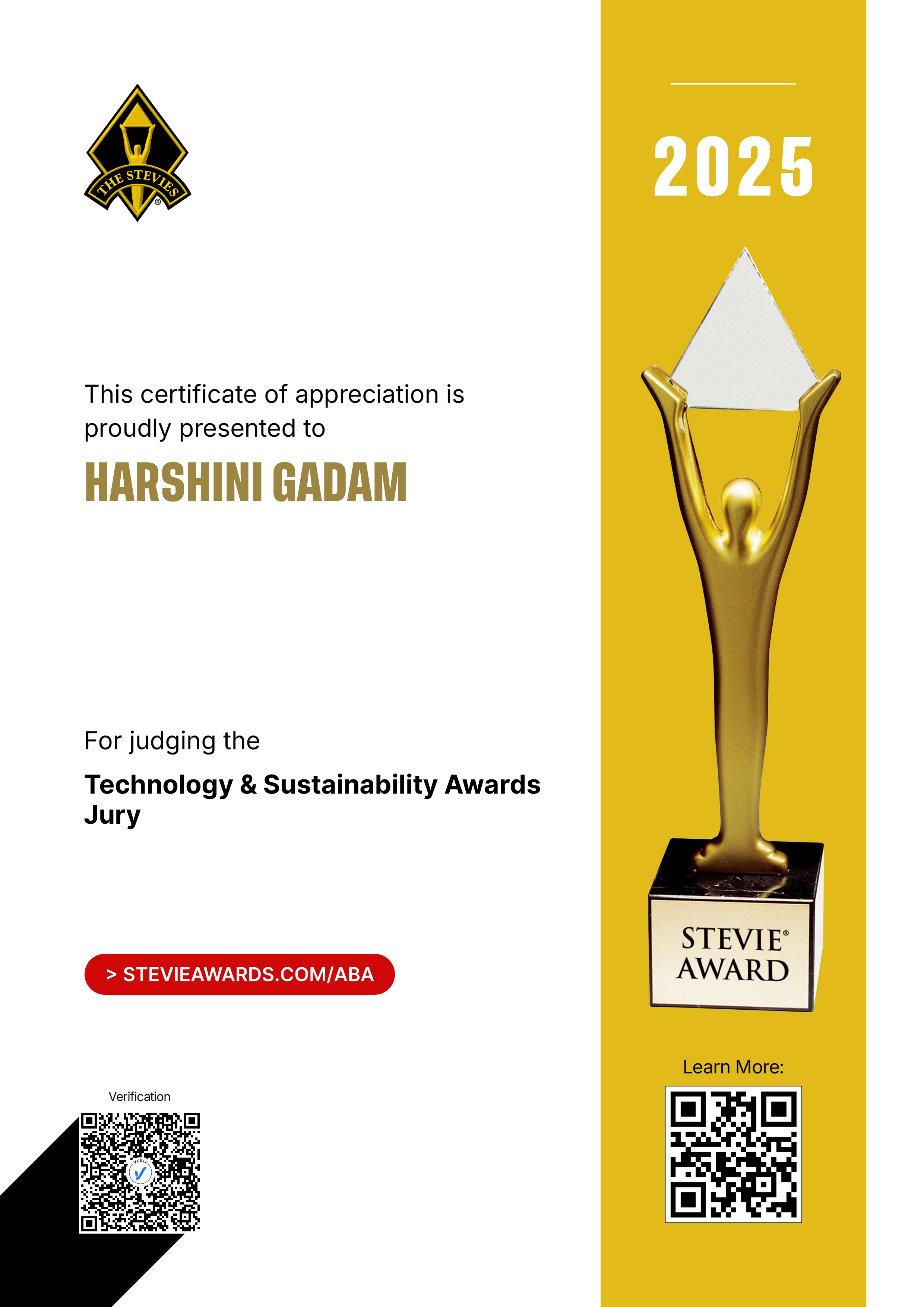 American Business Awards® Jury Certificate: Harshini Gadam