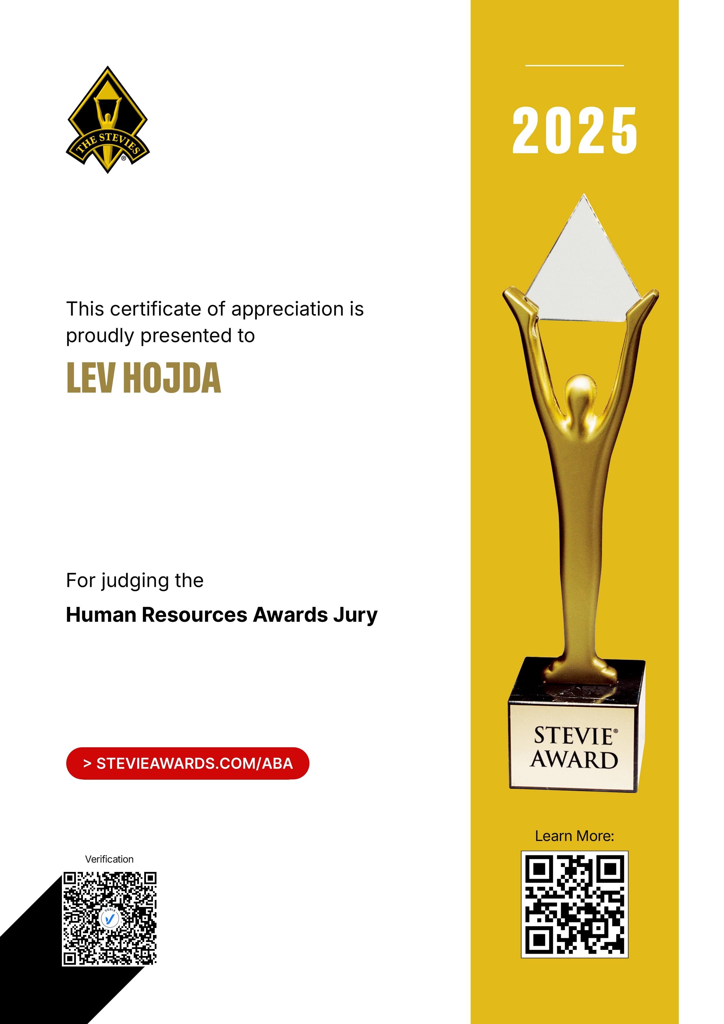 American Business Awards® Jury Certificate: Lev Hojda