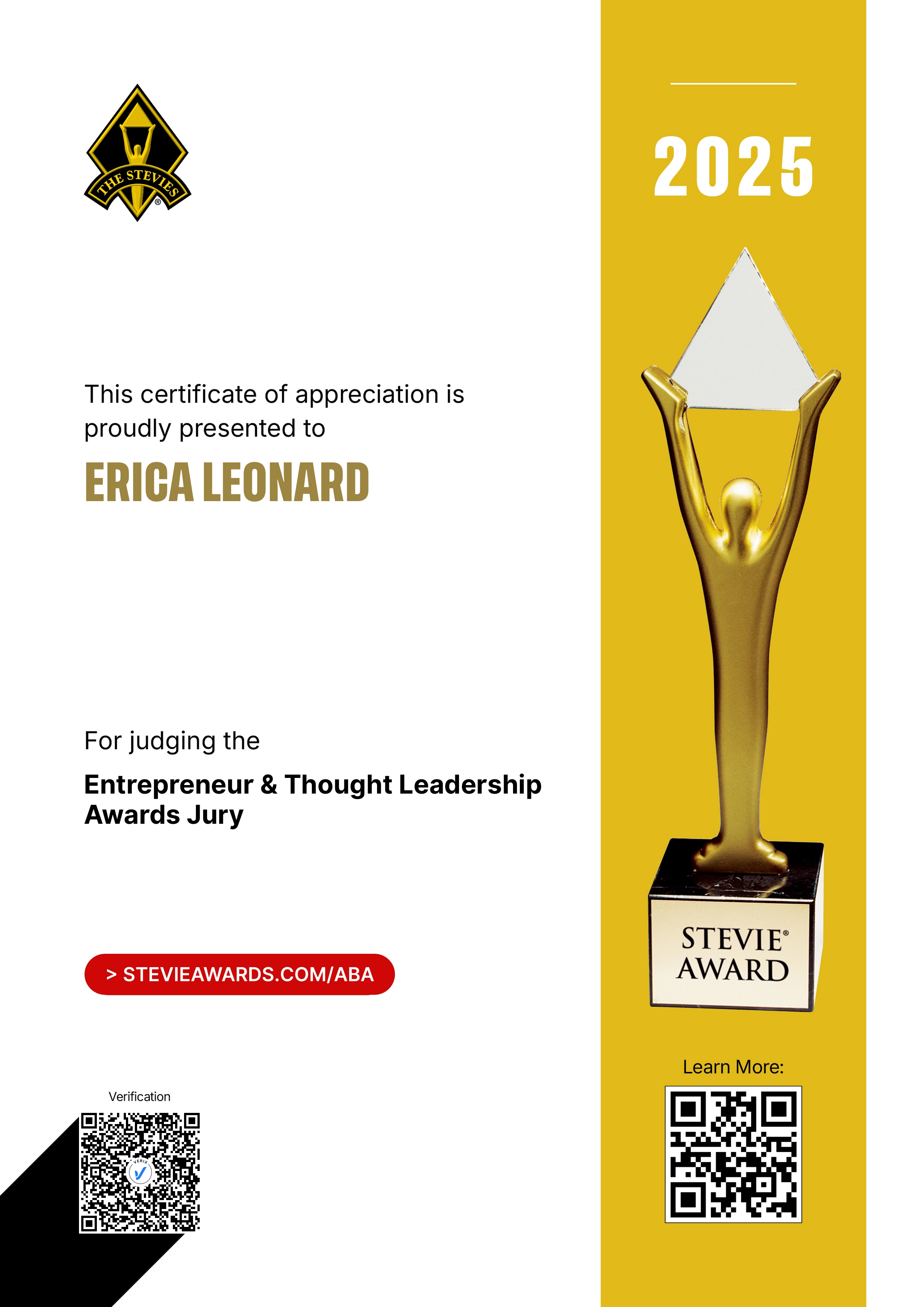 American Business Awards® Jury Certificate: Erica Leonard