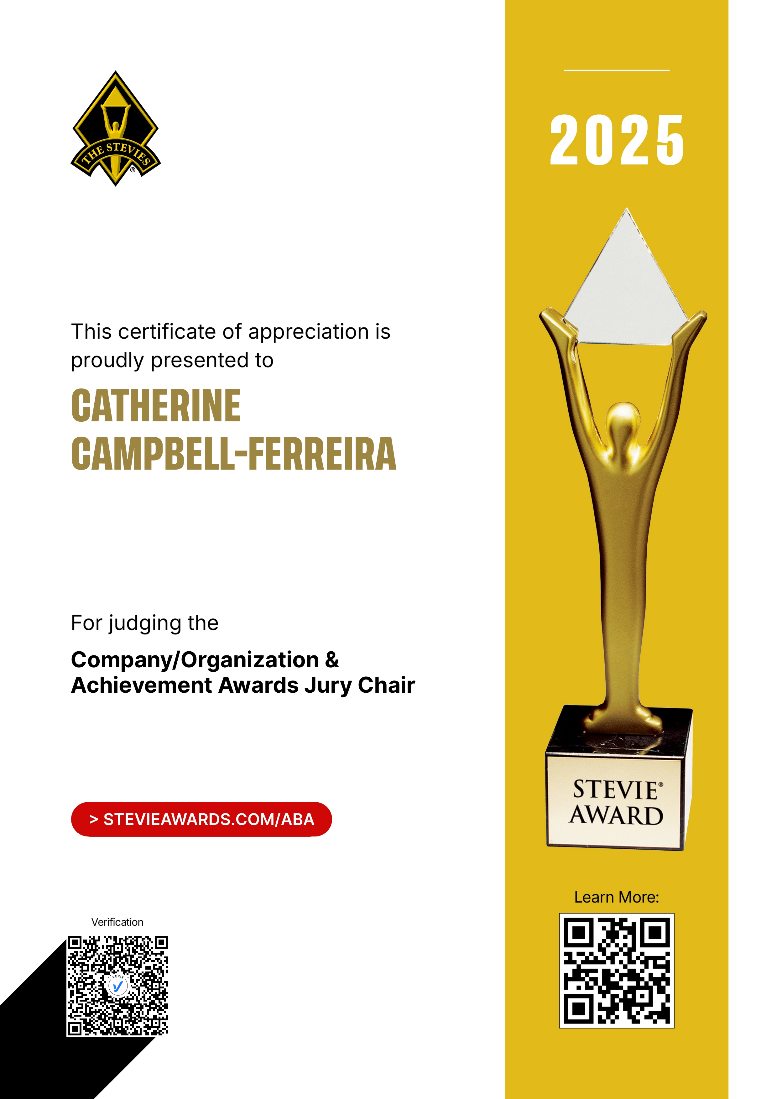 American Business Awards® Jury Certificate: Catherine Campbell-Ferreira