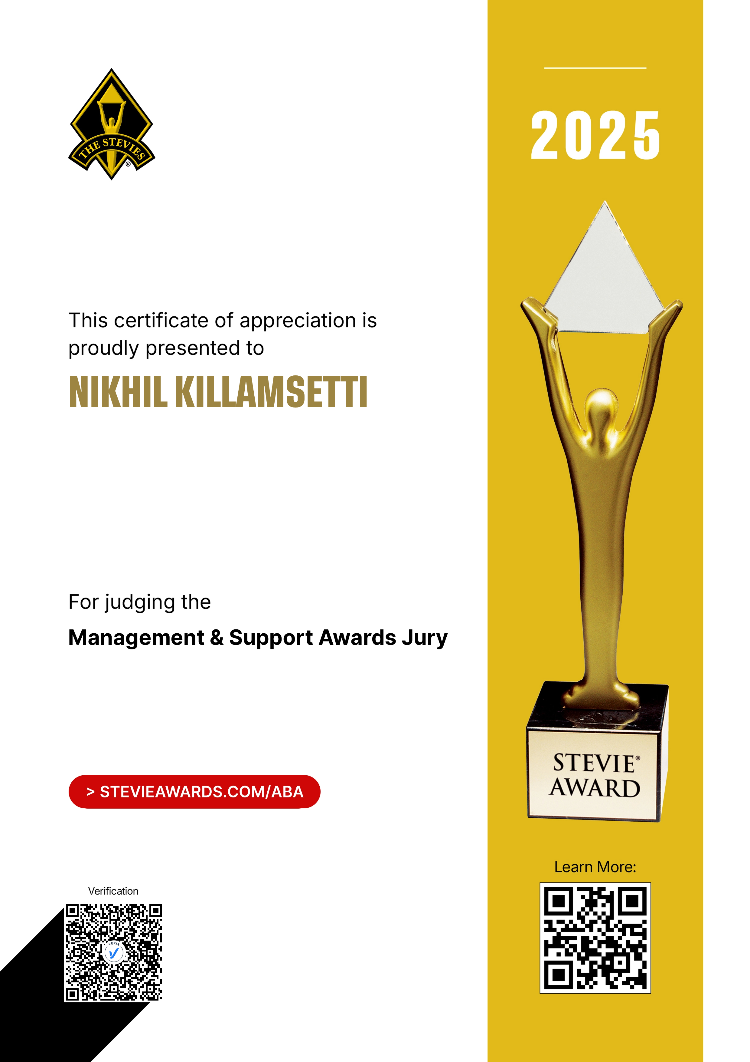 American Business Awards® Jury Certificate: Nikhil Killamsetti