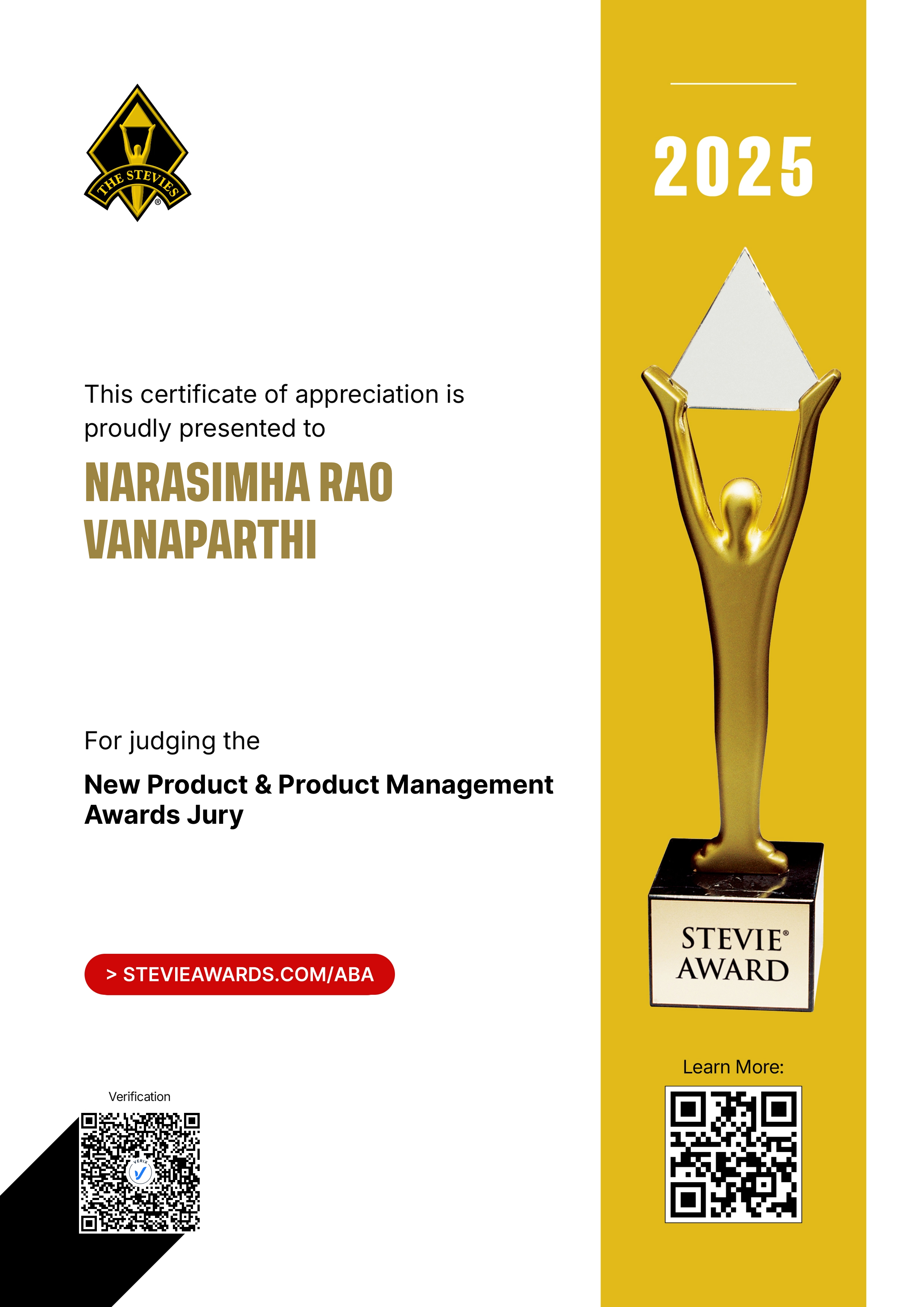 American Business Awards® Jury Certificate: Narasimha Rao Vanaparthi