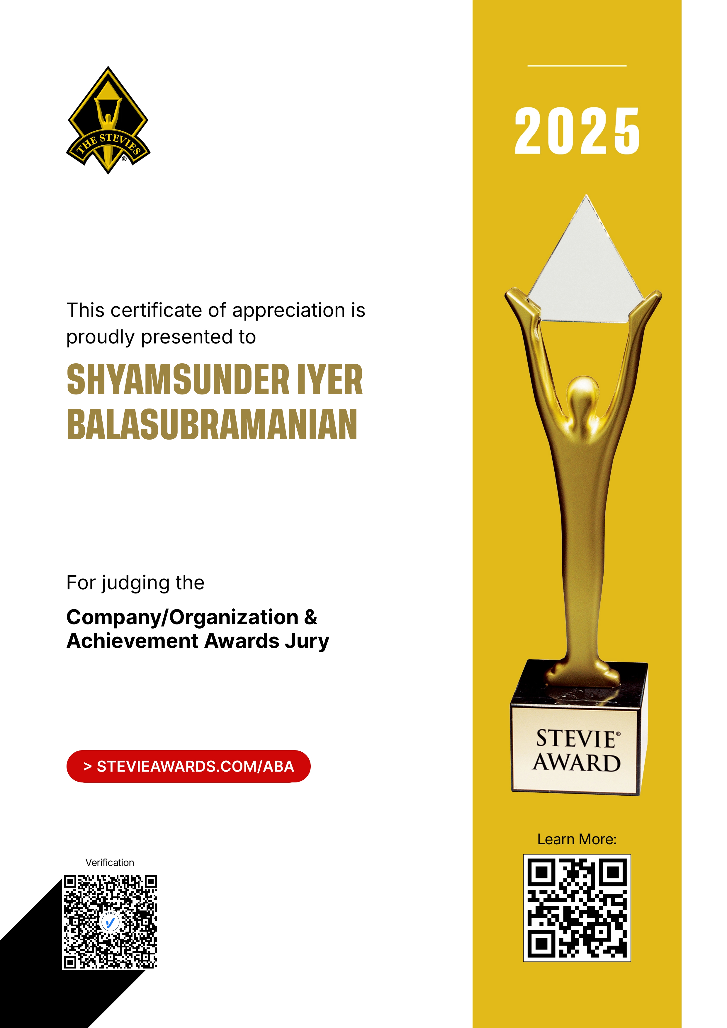 American Business Awards® Jury Certificate: Shyamsunder Iyer Balasubramanian