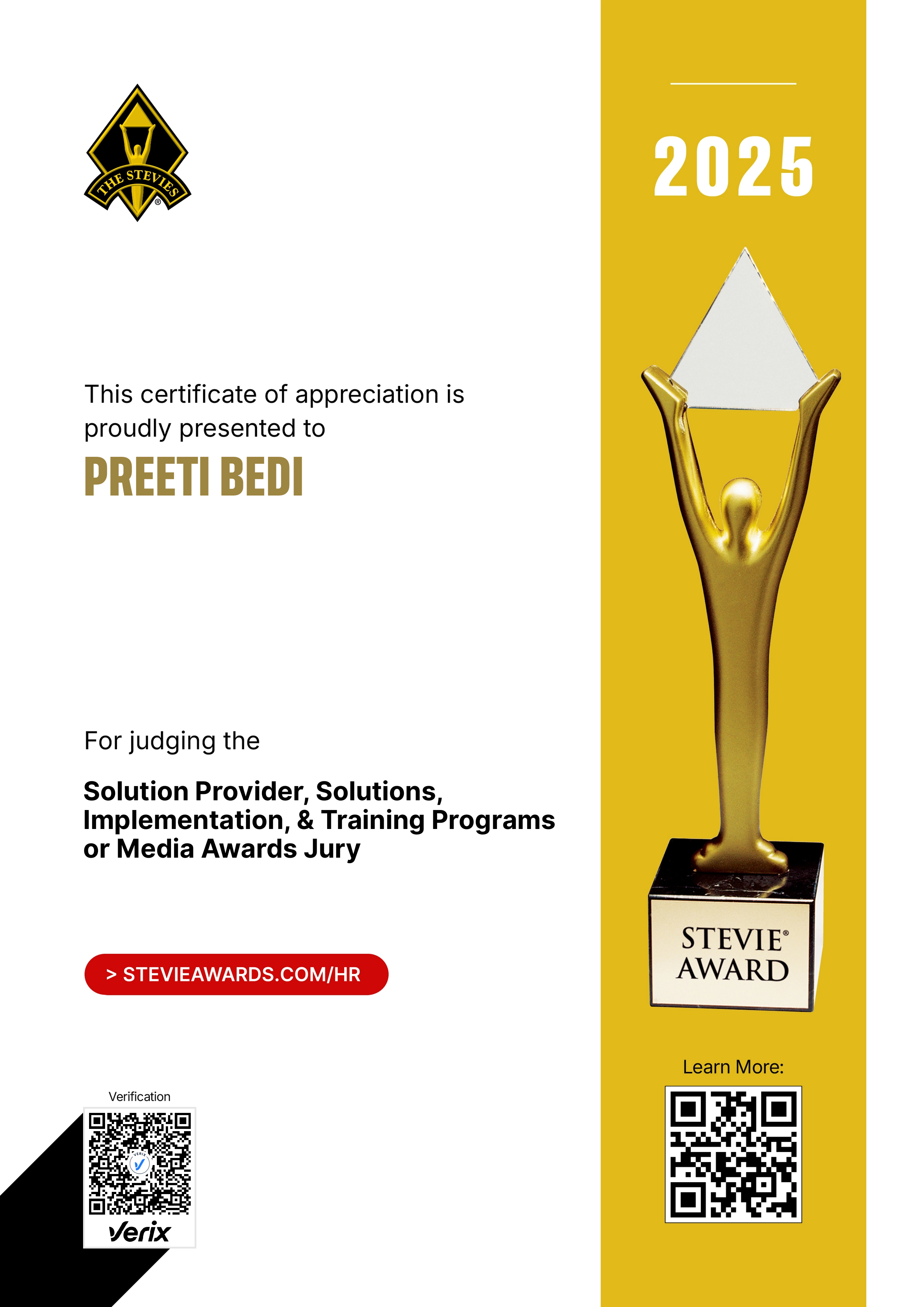 Stevie® Awards for Great Employers Jury Certificate: Preeti Bedi