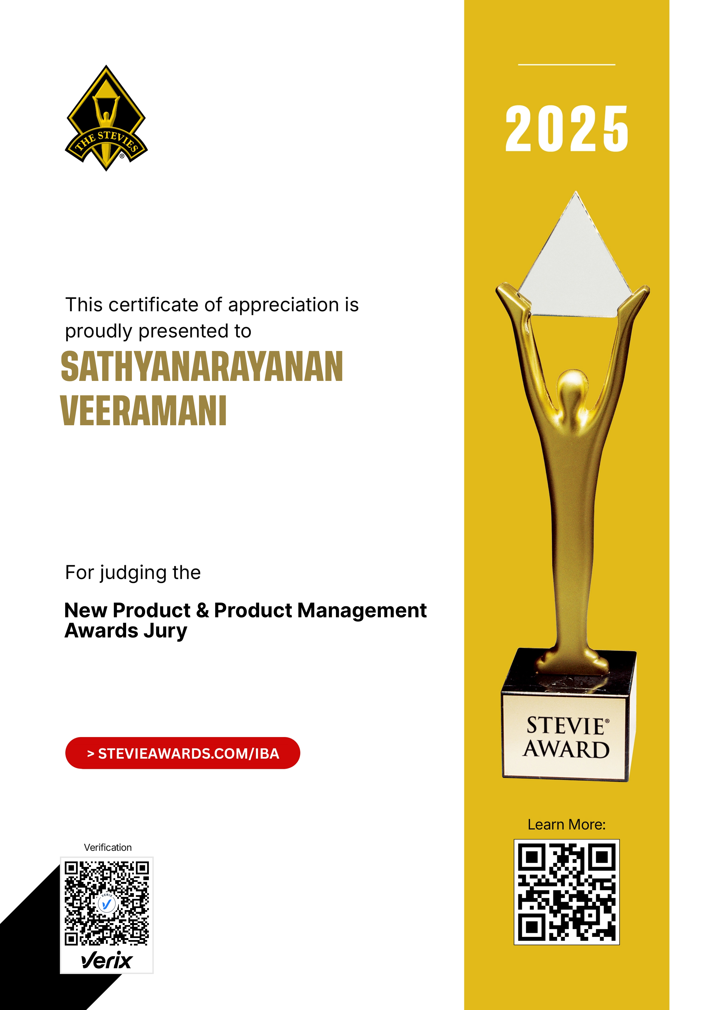 International Business Awards® Jury Certificate: Sathyanarayanan Veeramani