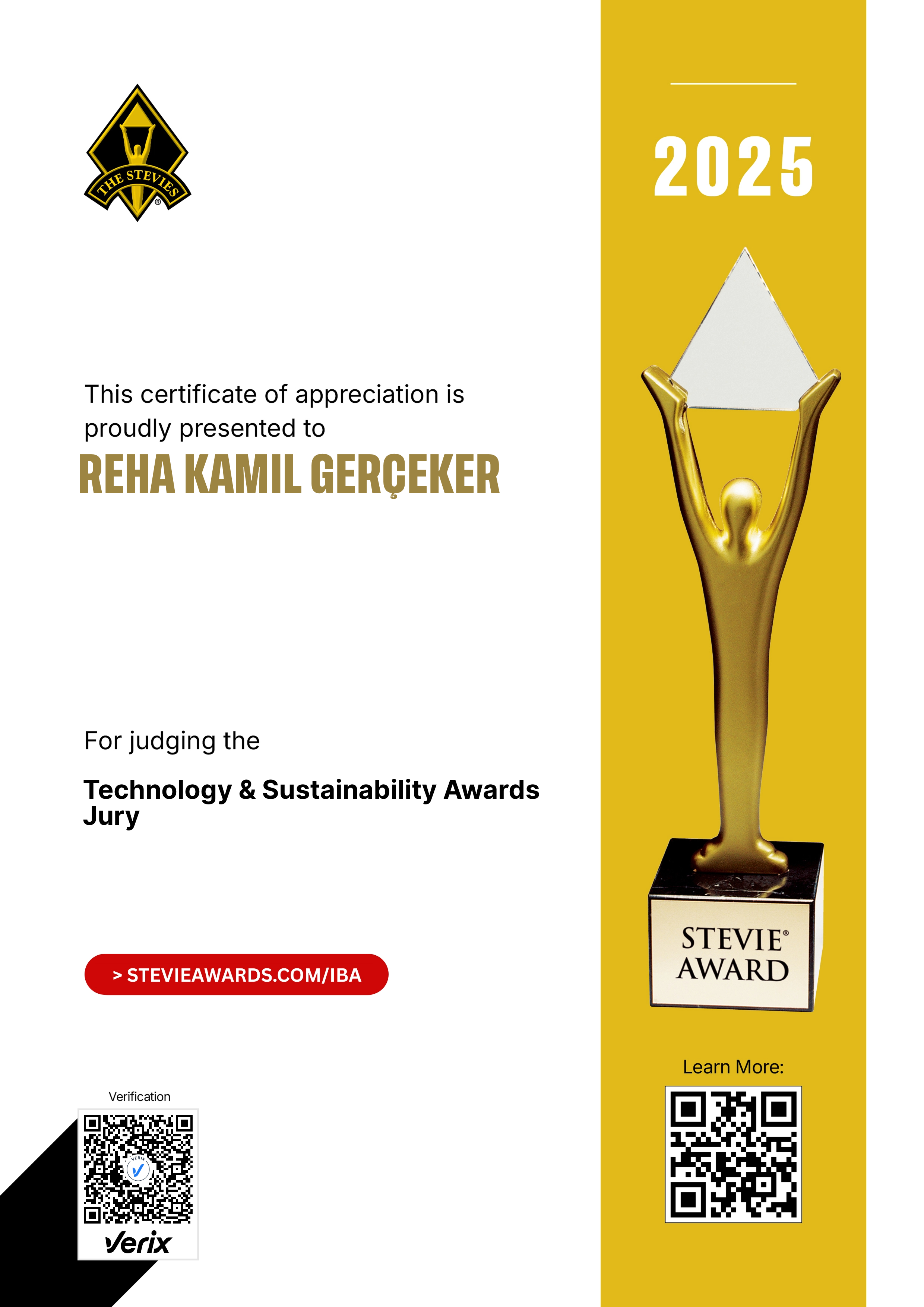 International Business Awards® Jury Certificate: Reha Kamil Gerçeker