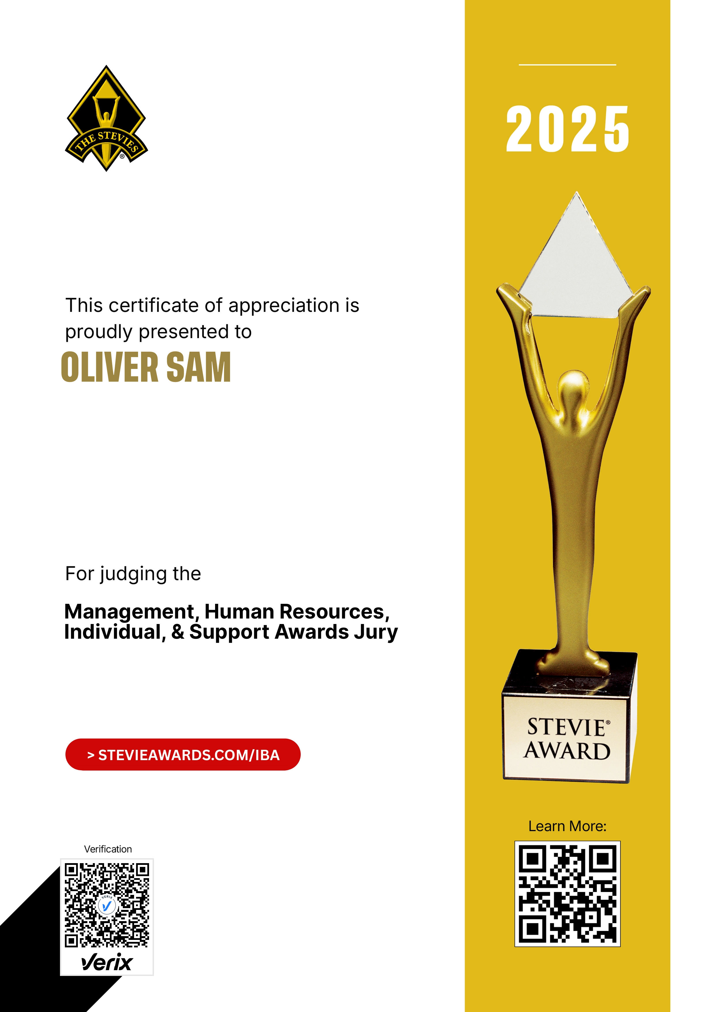 International Business Awards® Jury Certificate: Oliver Sam