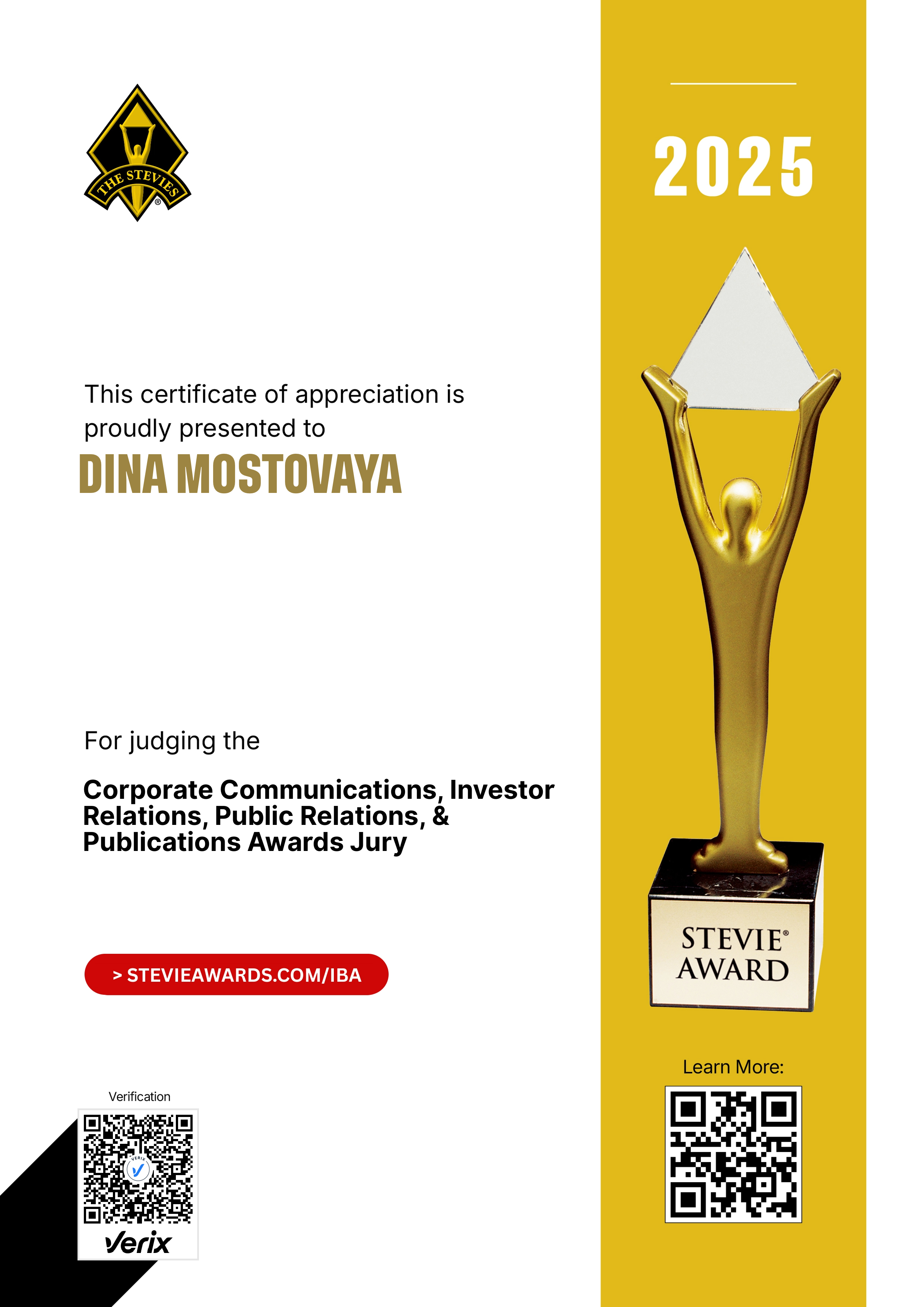 International Business Awards® Jury Certificate: Dina Mostovaya