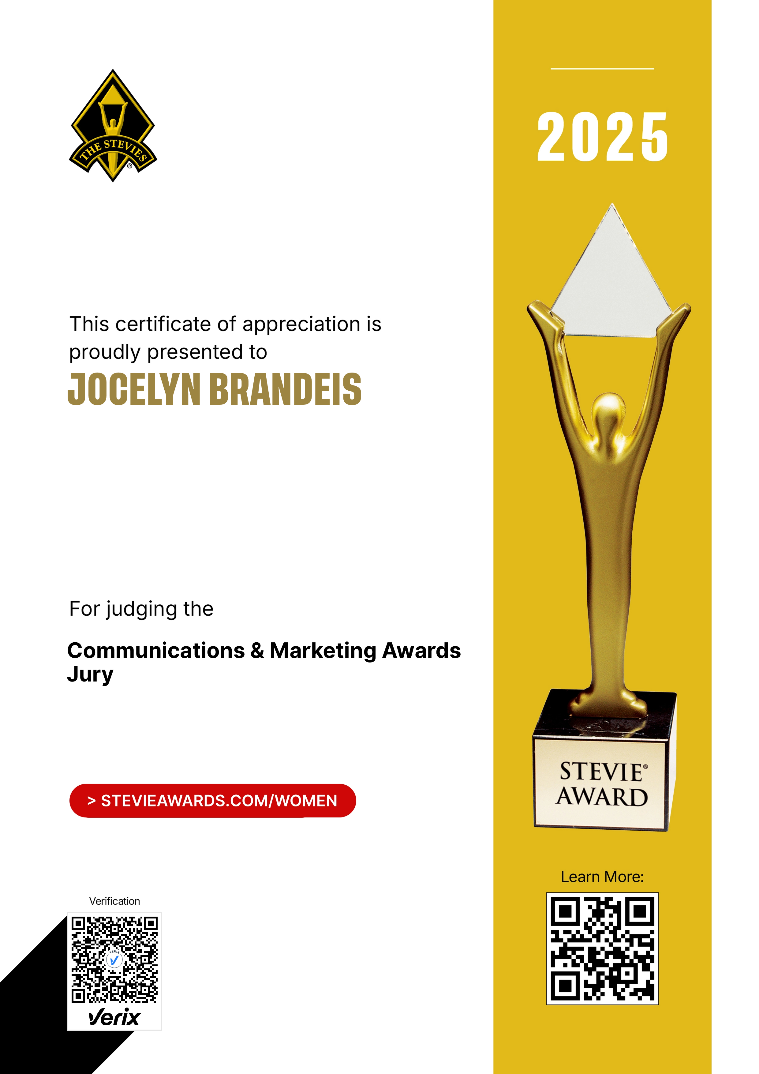 Stevie® Awards for Women in Business Jury Certificate: Jocelyn Brandeis
