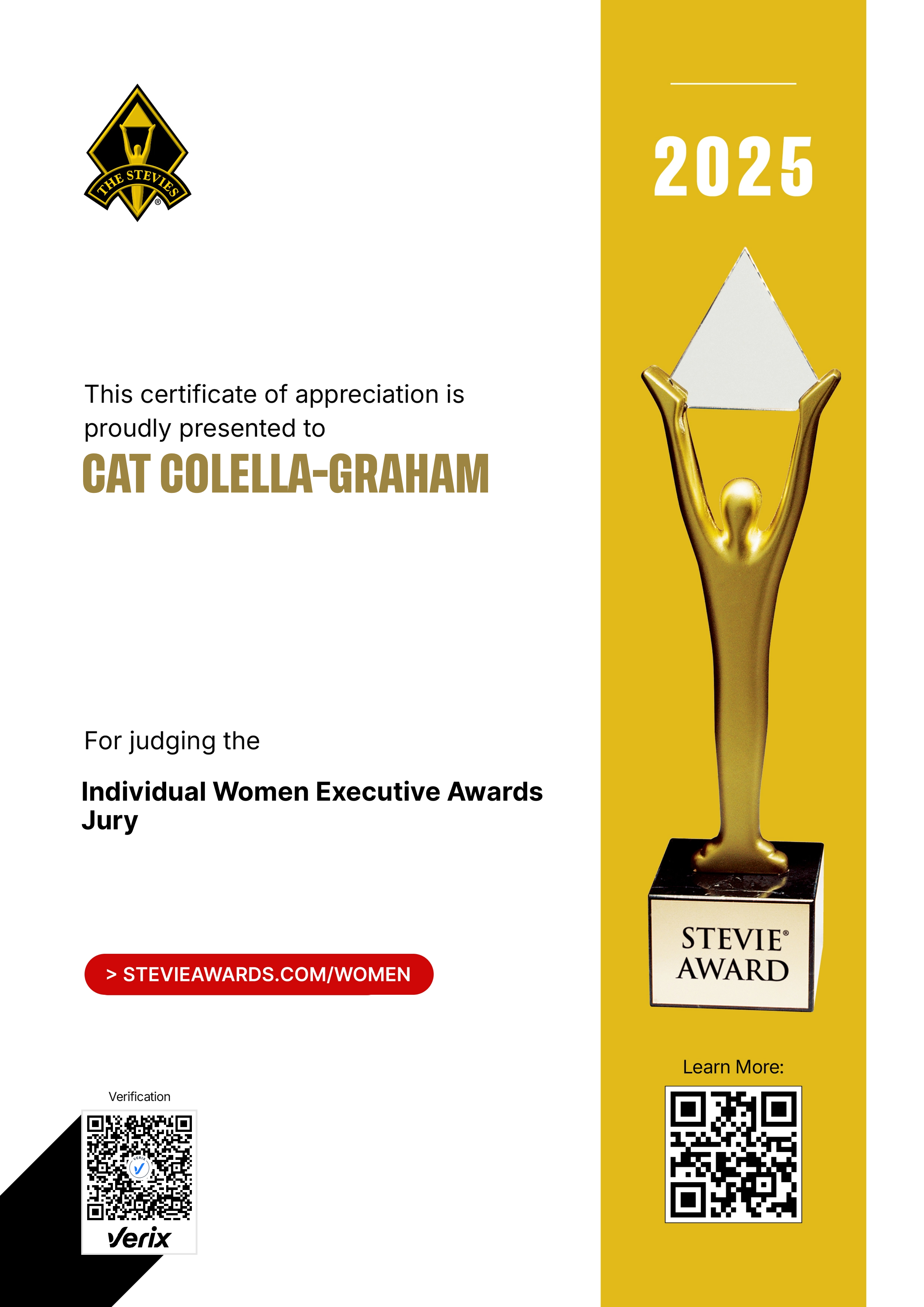 Stevie® Awards for Women in Business Jury Certificate: Cat Colella-Graham