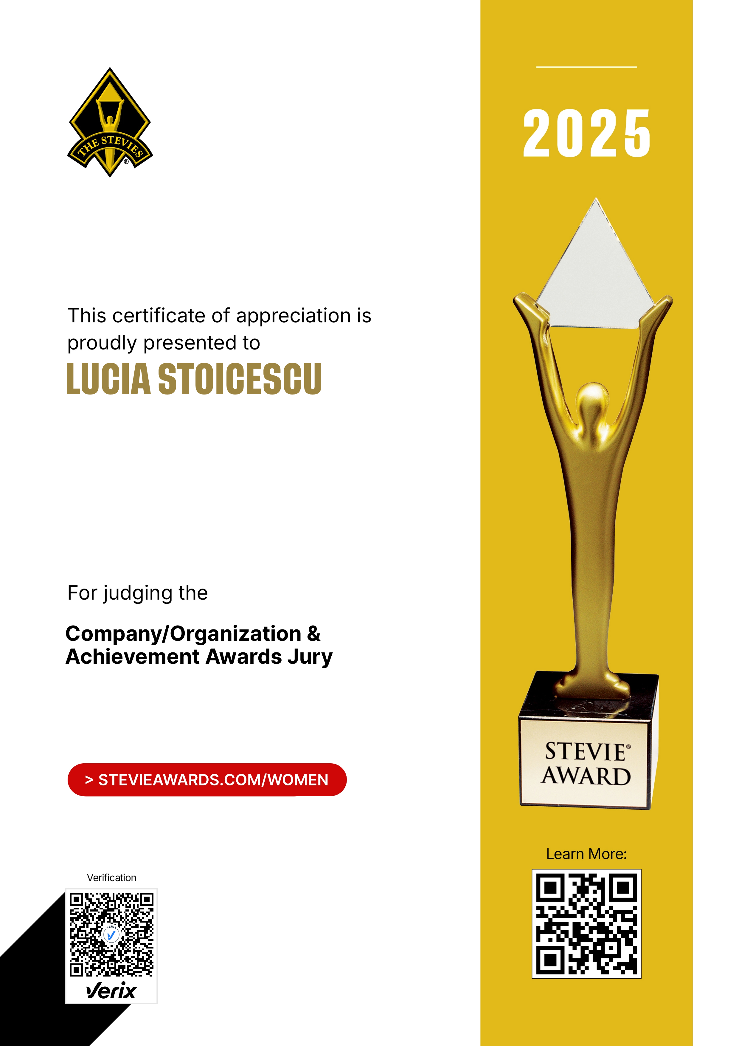 Stevie® Awards for Women in Business Jury Certificate: Lucia Stoicescu
