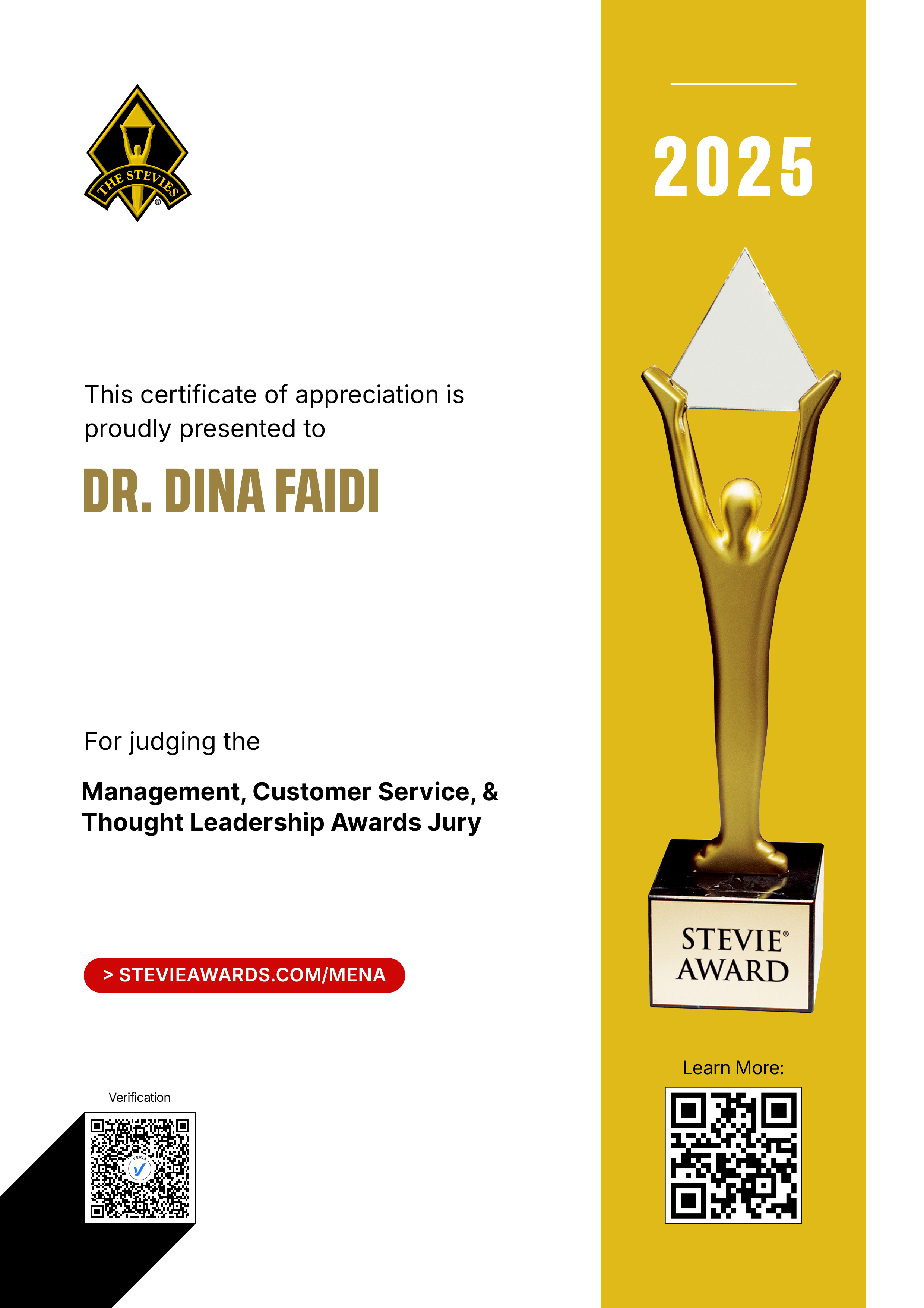 Middle East & North Africa Stevie® Awards: Dr. Dina Faidi