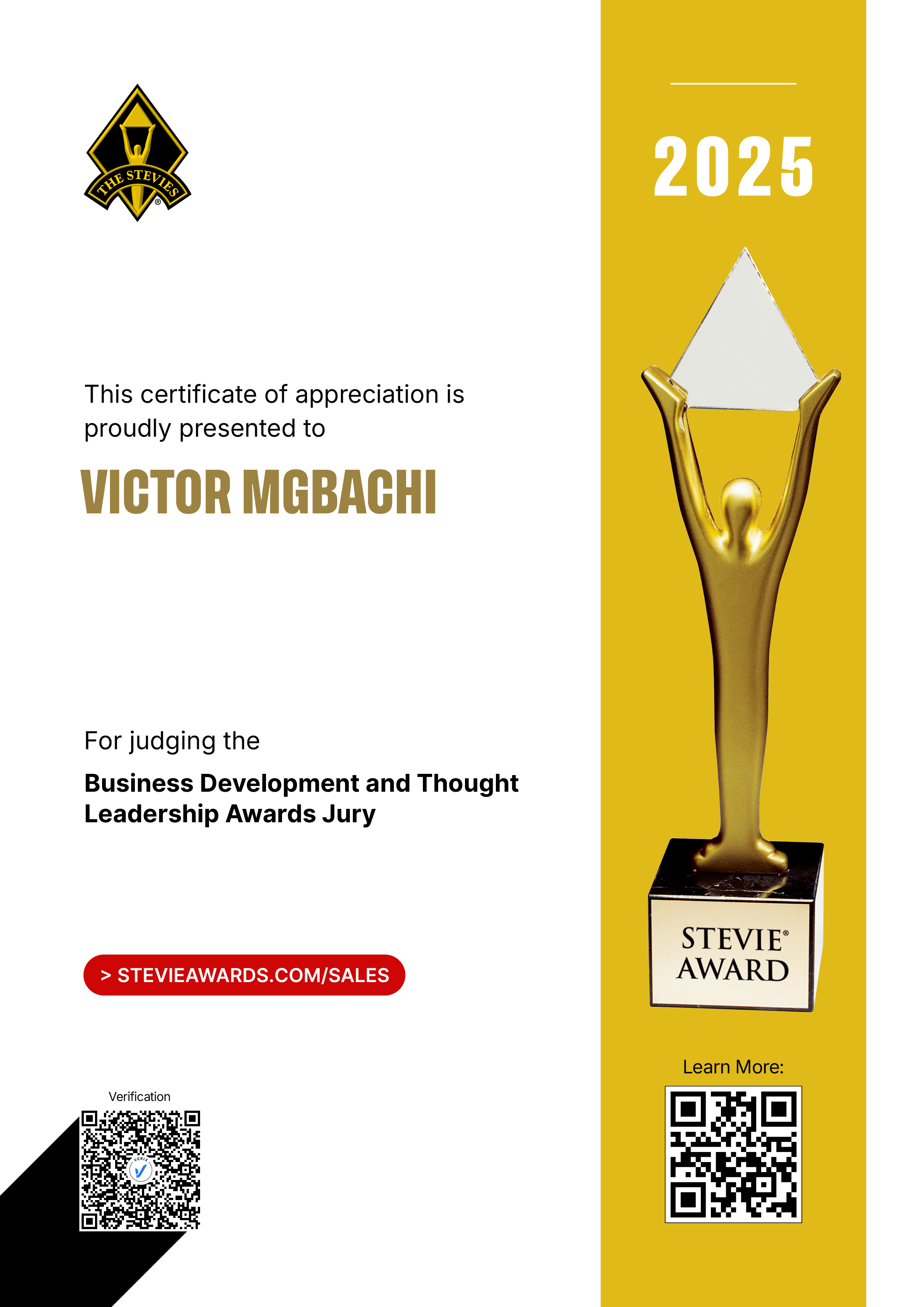 Stevie Awards for Sales & Customer Service Jury Certificate: Victor Mgbachi