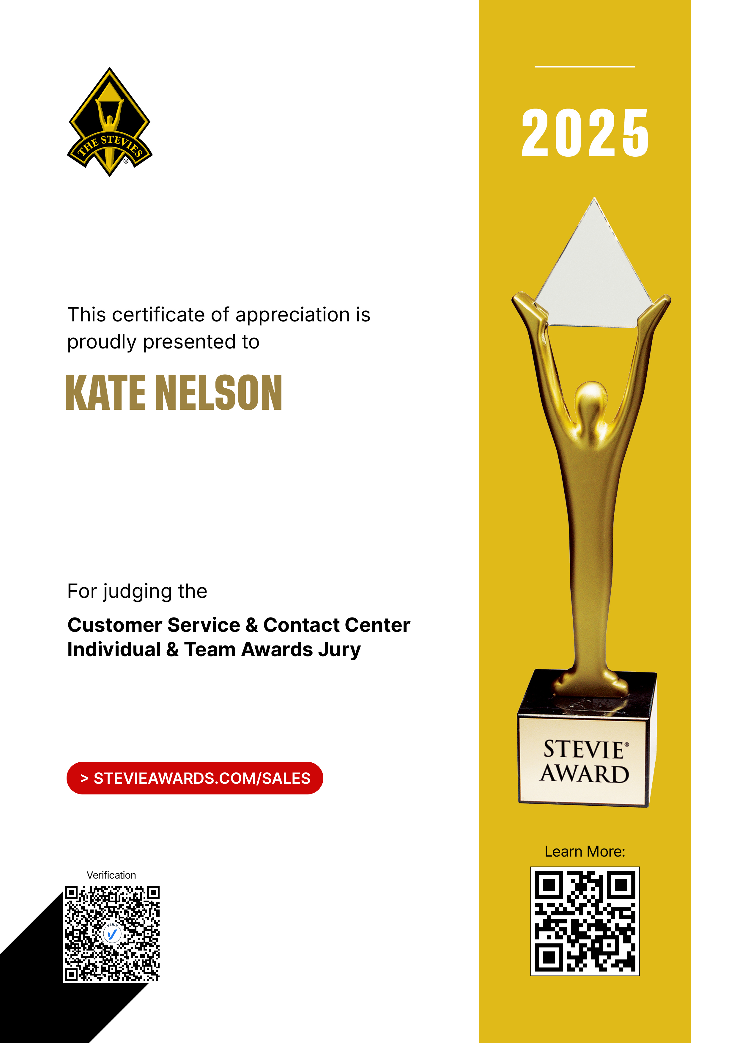 Stevie Awards for Sales & Customer Service Jury Certificate: Kate Nelson