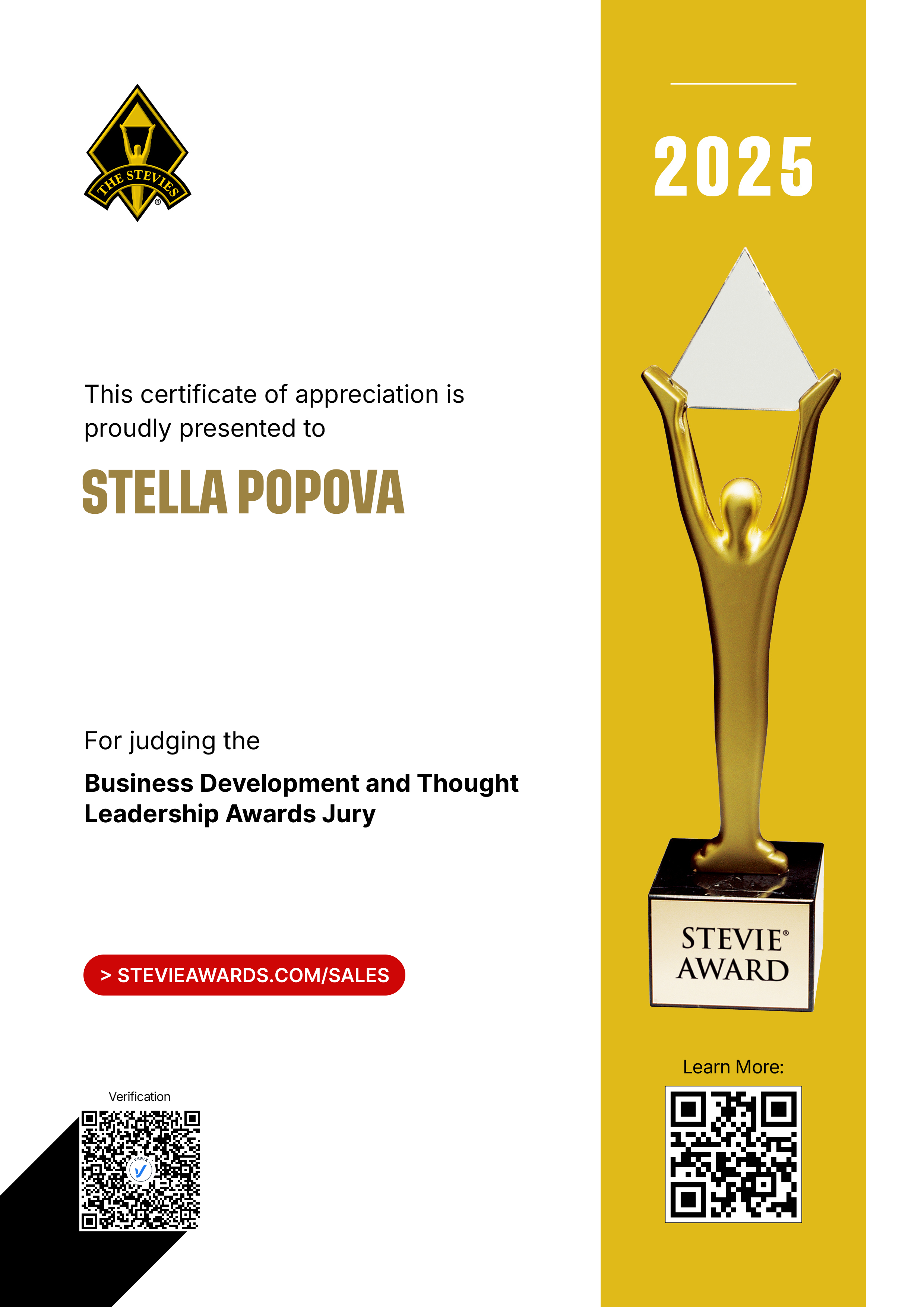 Stevie Awards for Sales & Customer Service Jury Certificate: Stella Popova