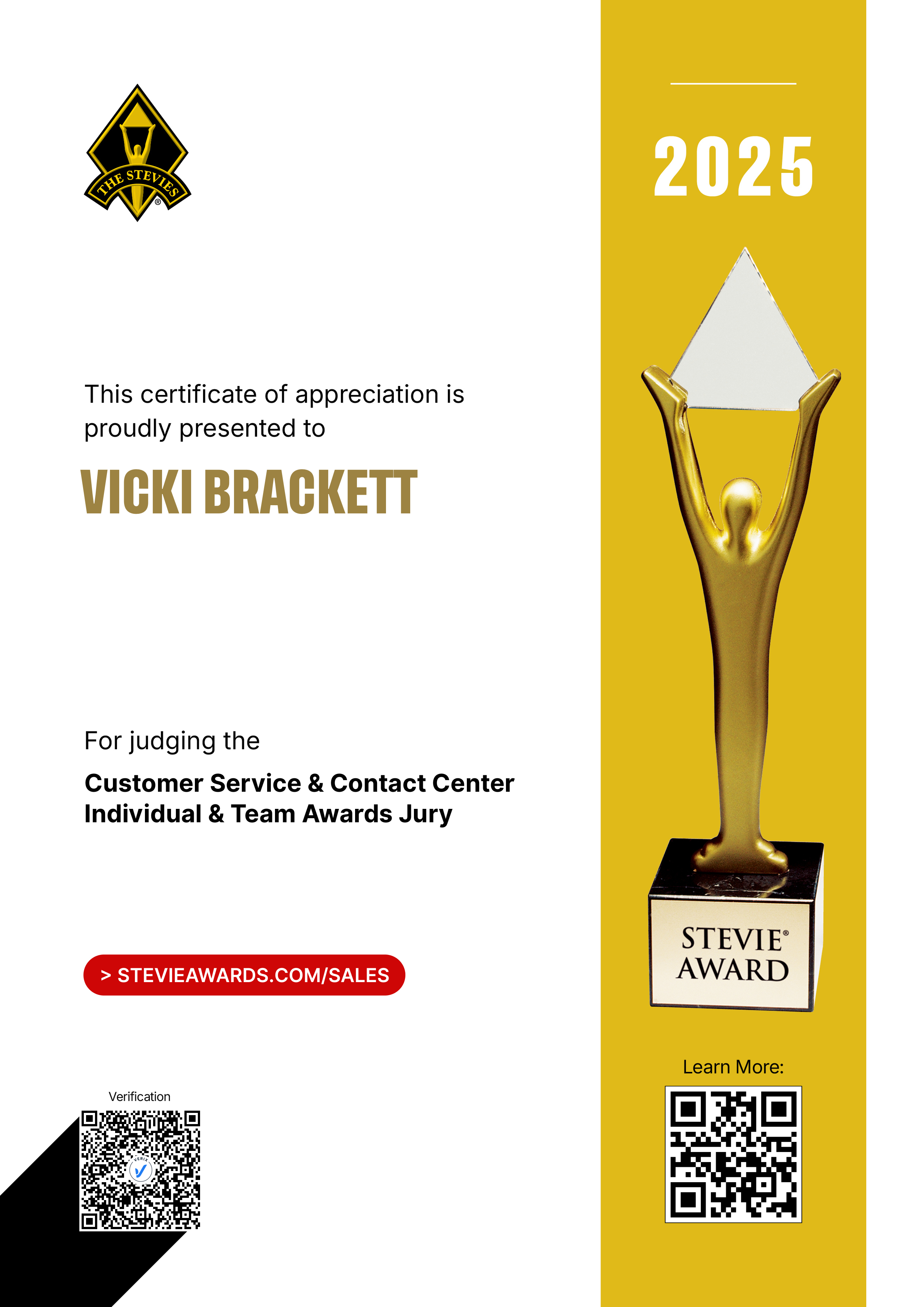 Stevie Awards for Sales & Customer Service Jury Certificate: Vicki Brackett