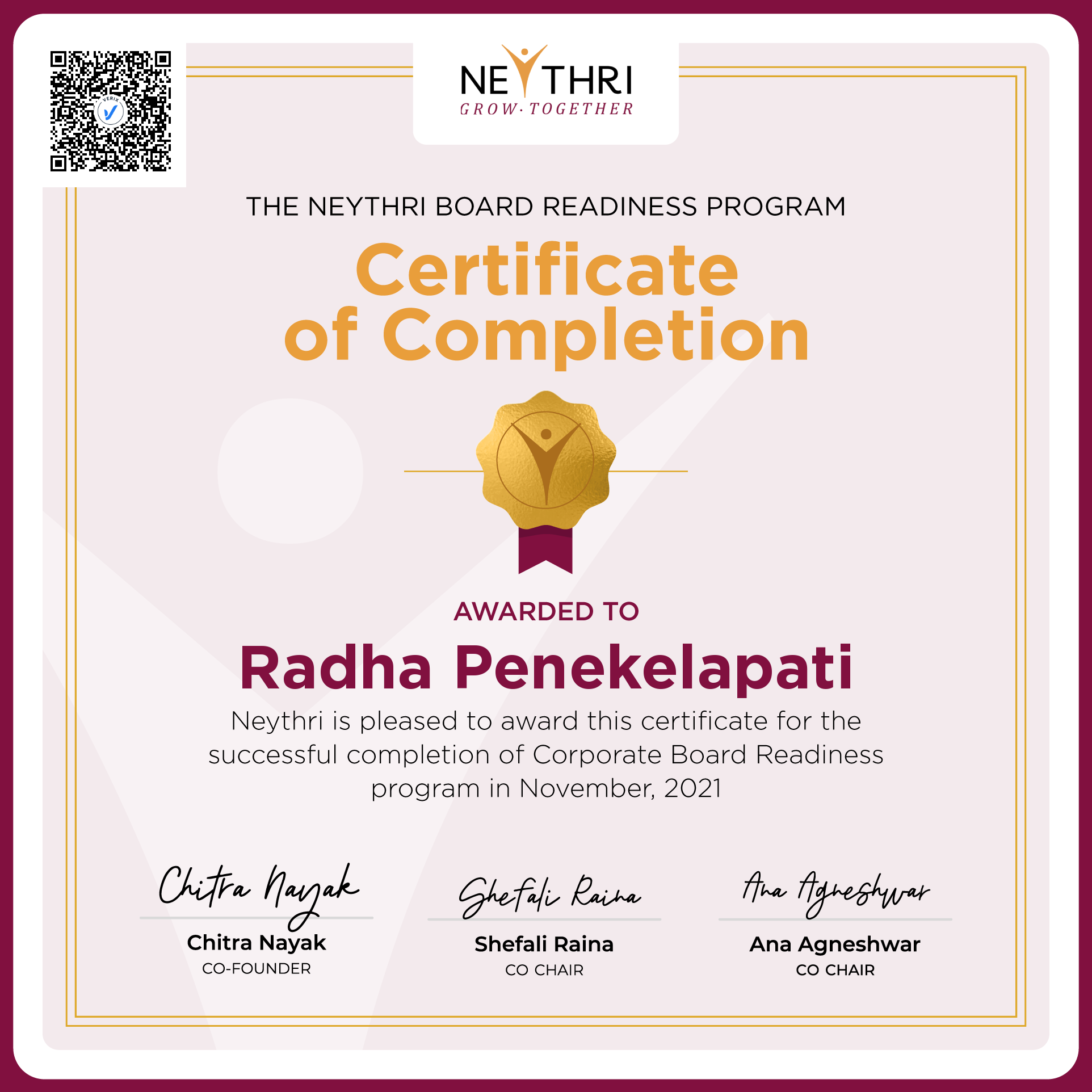 Completion Certificate - Corporate Board Readiness Program: Radha Penekelapati