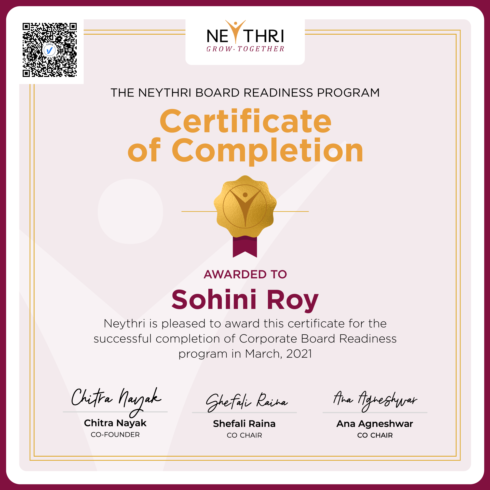 Completion Certificate - Corporate Board Readiness Program: Sohini Roy