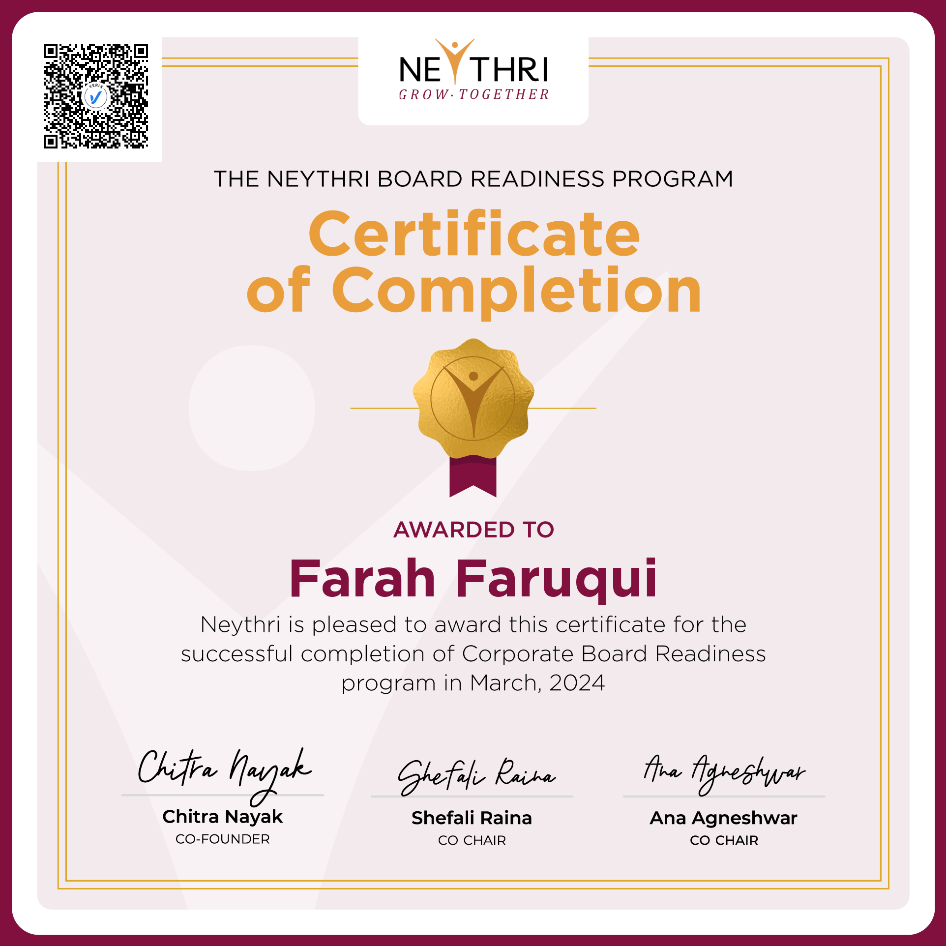Completion Certificate - Corporate Board Readiness Program: Farah Faruqui