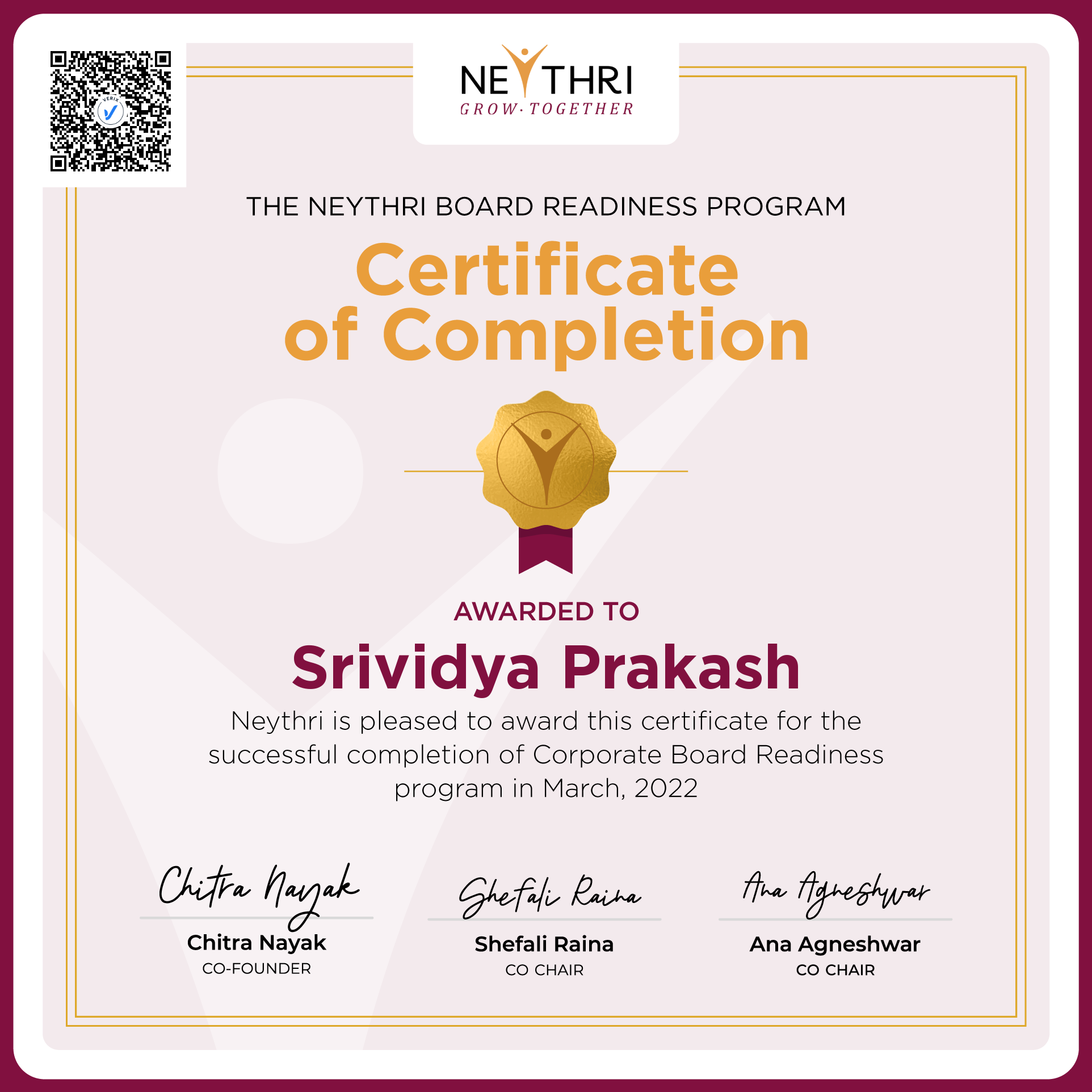 Completion Certificate - Corporate Board Readiness Program: Srividya Prakash