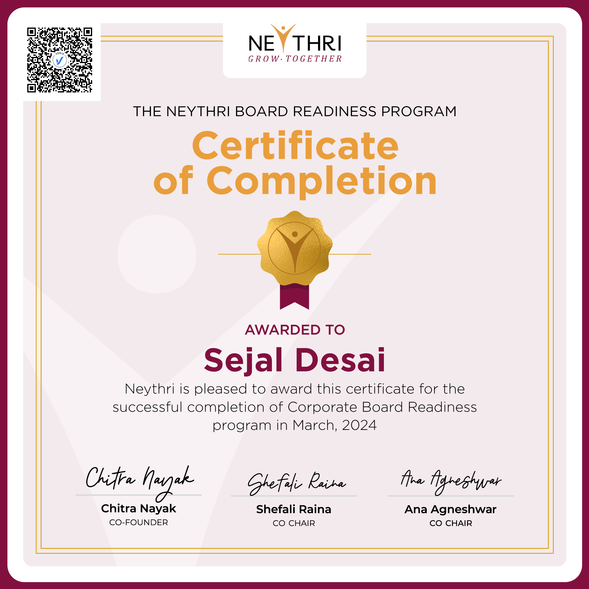 Completion Certificate - Corporate Board Readiness Program: Sejal Desai