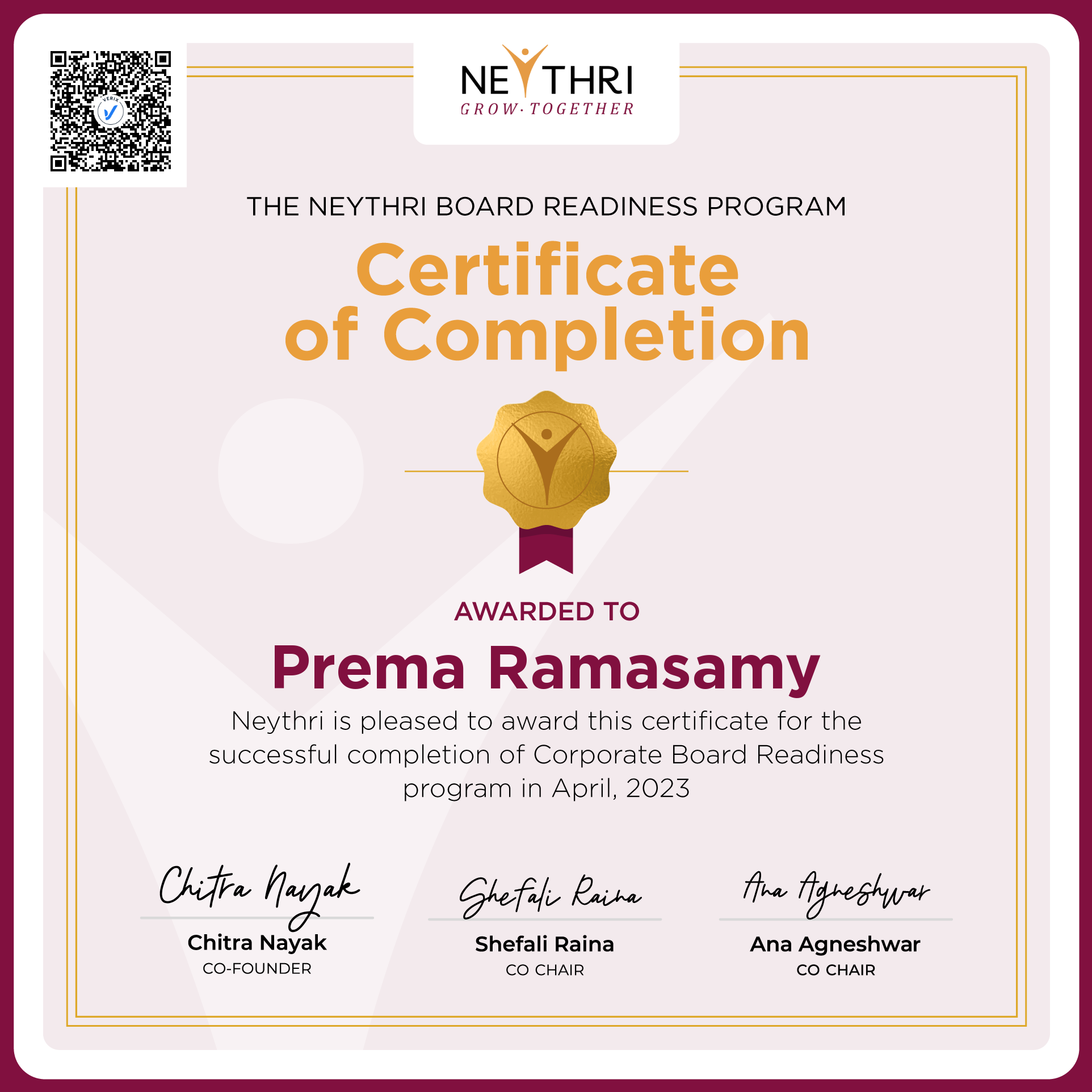 Completion Certificate - Corporate Board Readiness Program: Prema Ramasamy