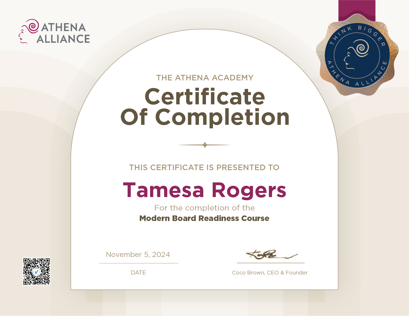Modern Board Readiness Course Completion Certificate: Tamesa Rogers