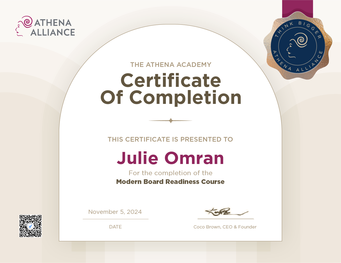 Modern Board Readiness Course Completion Certificate: Julie Omran