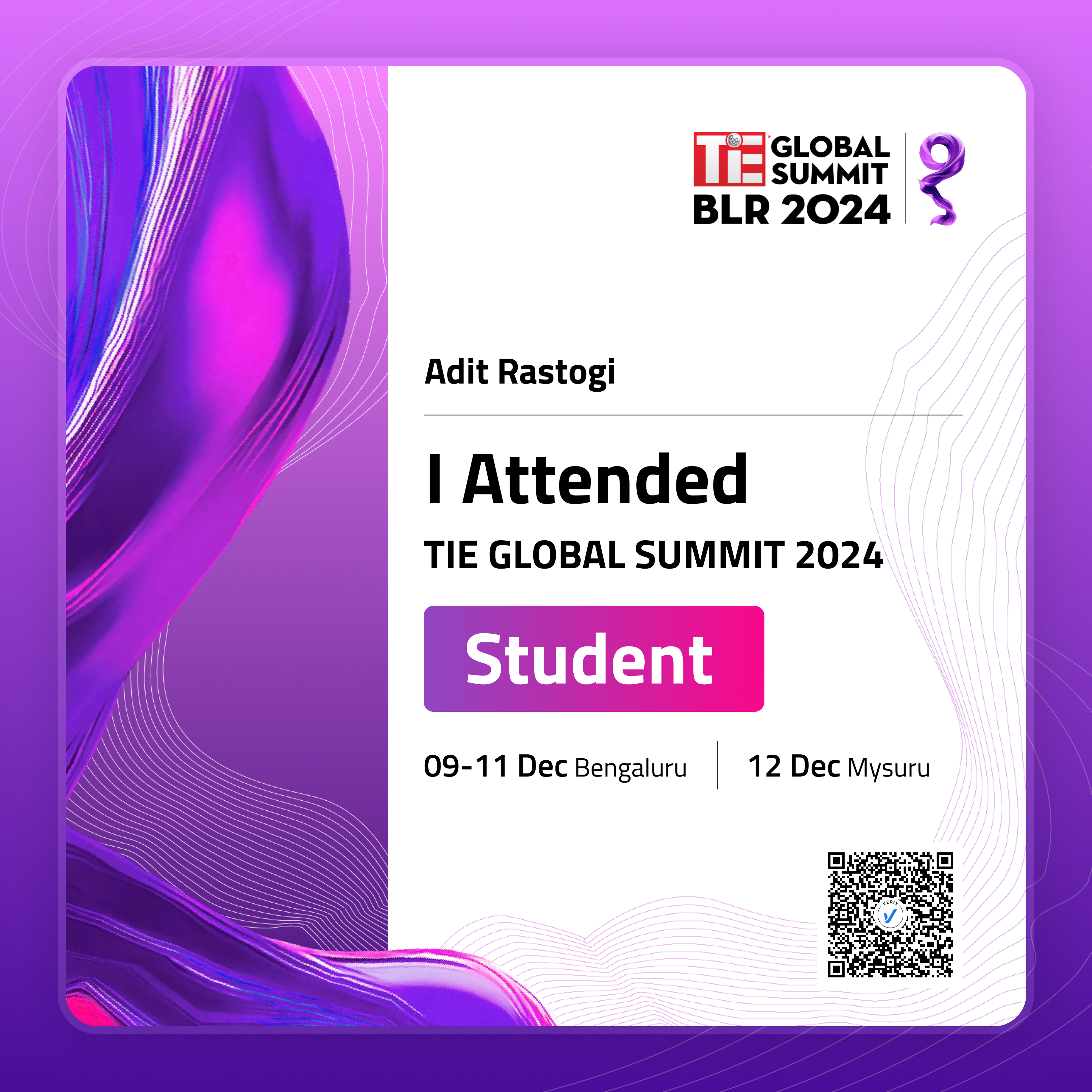 TiE Global Summit BLR 2024: Student Certificate