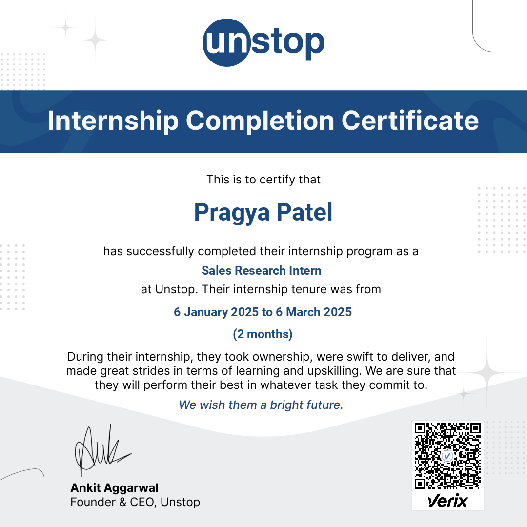 Unstop Certificate of Internship: Pragya Patel