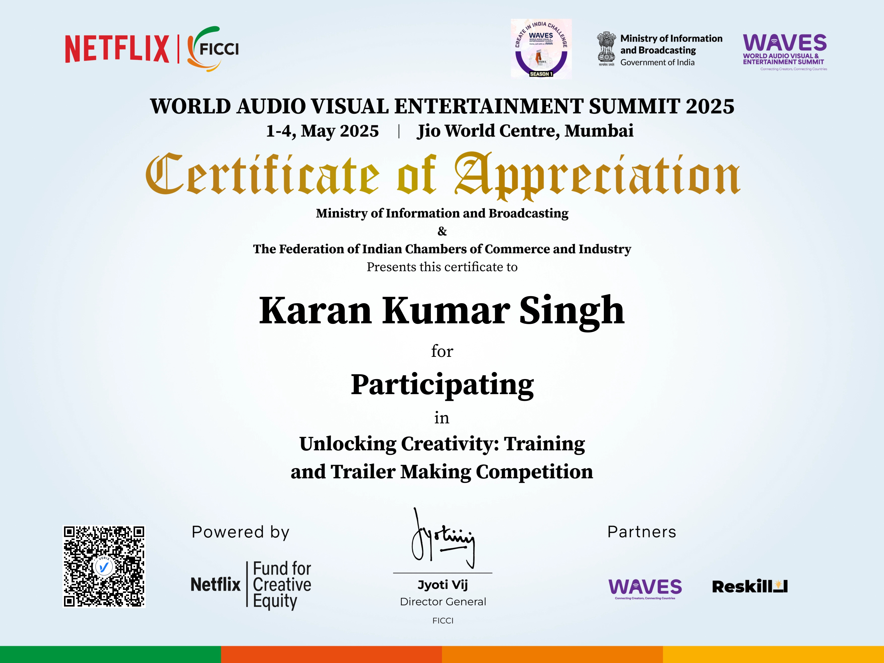 Unlocking Creativity: Training and Trailer Making Competition Participation Certificate