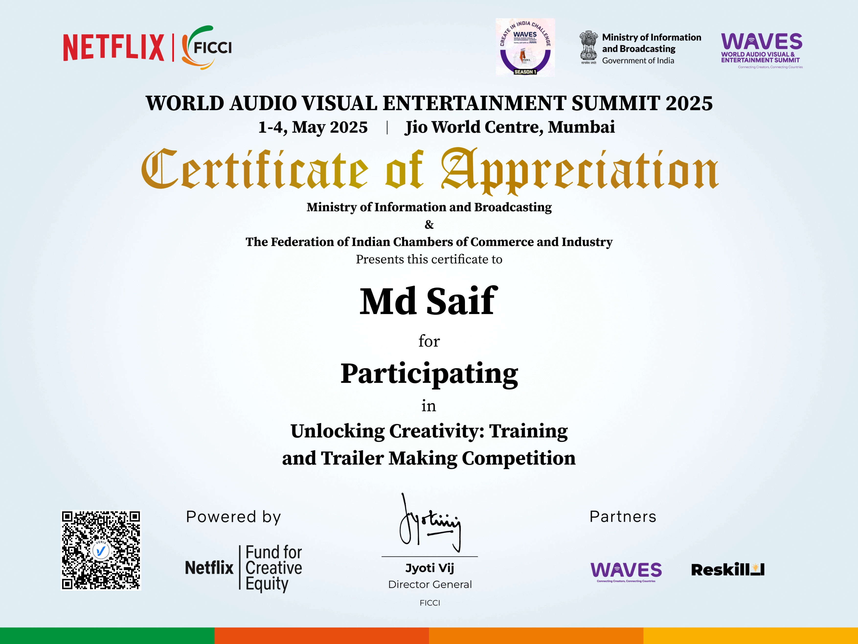 Unlocking Creativity: Training and Trailer Making Competition Participation Certificate