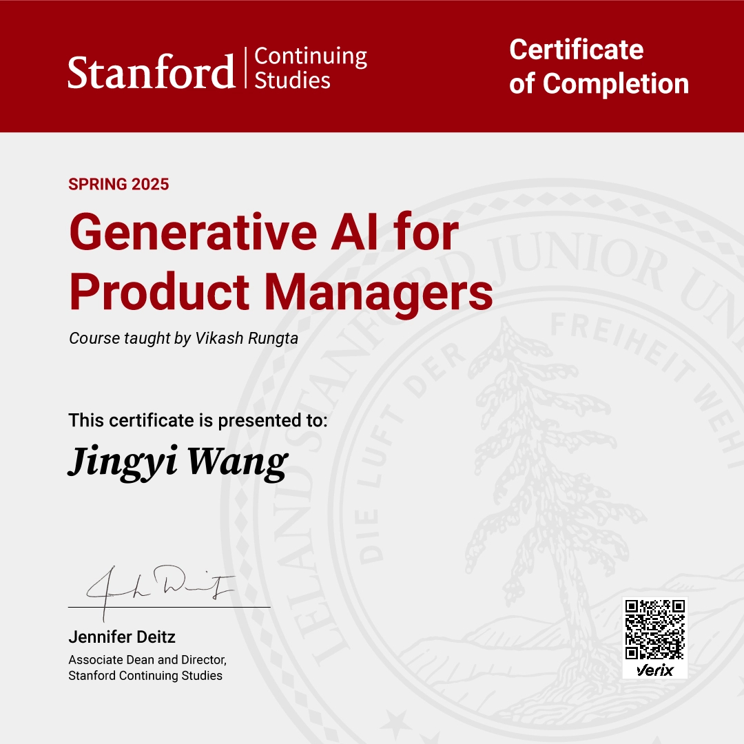 Certificate of Completion — Generative AI for Product Managers: Jingyi Wang