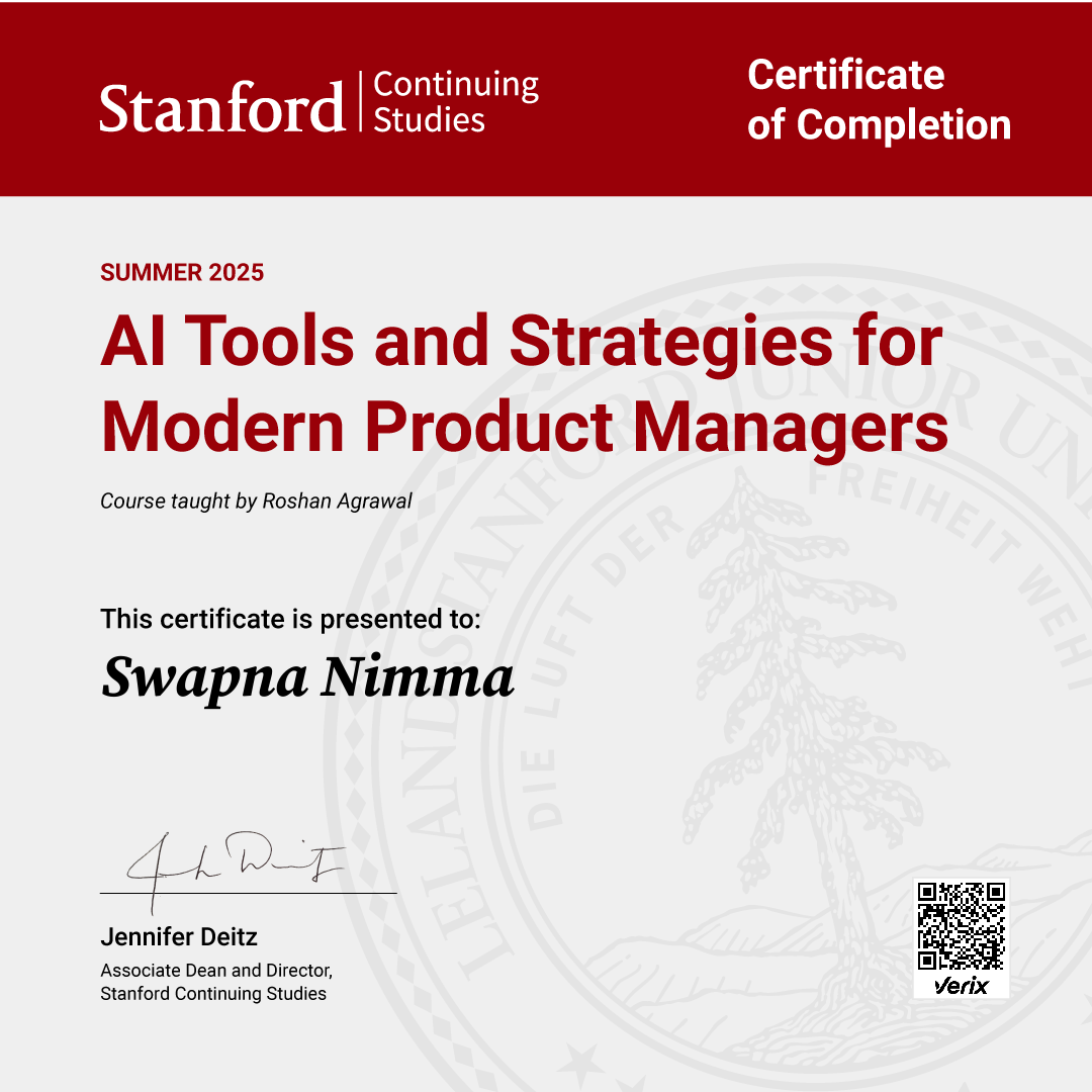Swapna Nimma: Certificate of Completion — AI Tools and Strategies for Modern Product Managers