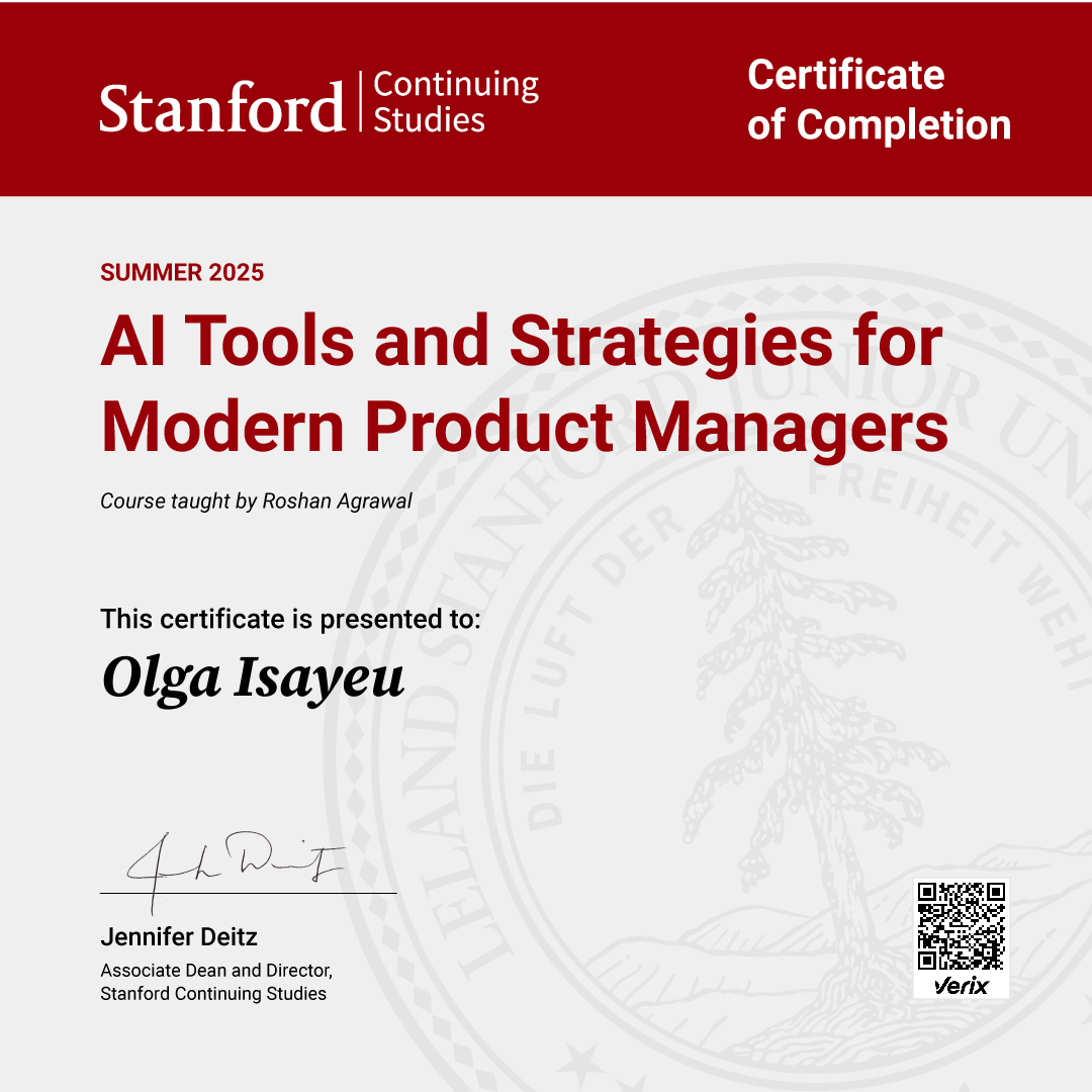 Olga Isayeu : Certificate of Completion — AI Tools and Strategies for Modern Product Managers