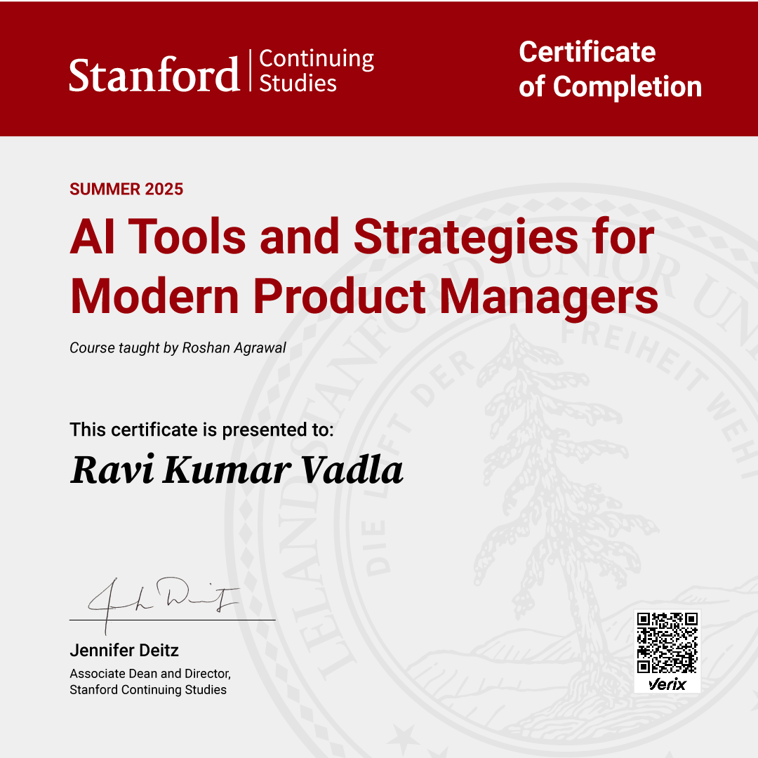 Ravi Kumar Vadla: Certificate of Completion — AI Tools and Strategies for Modern Product Managers