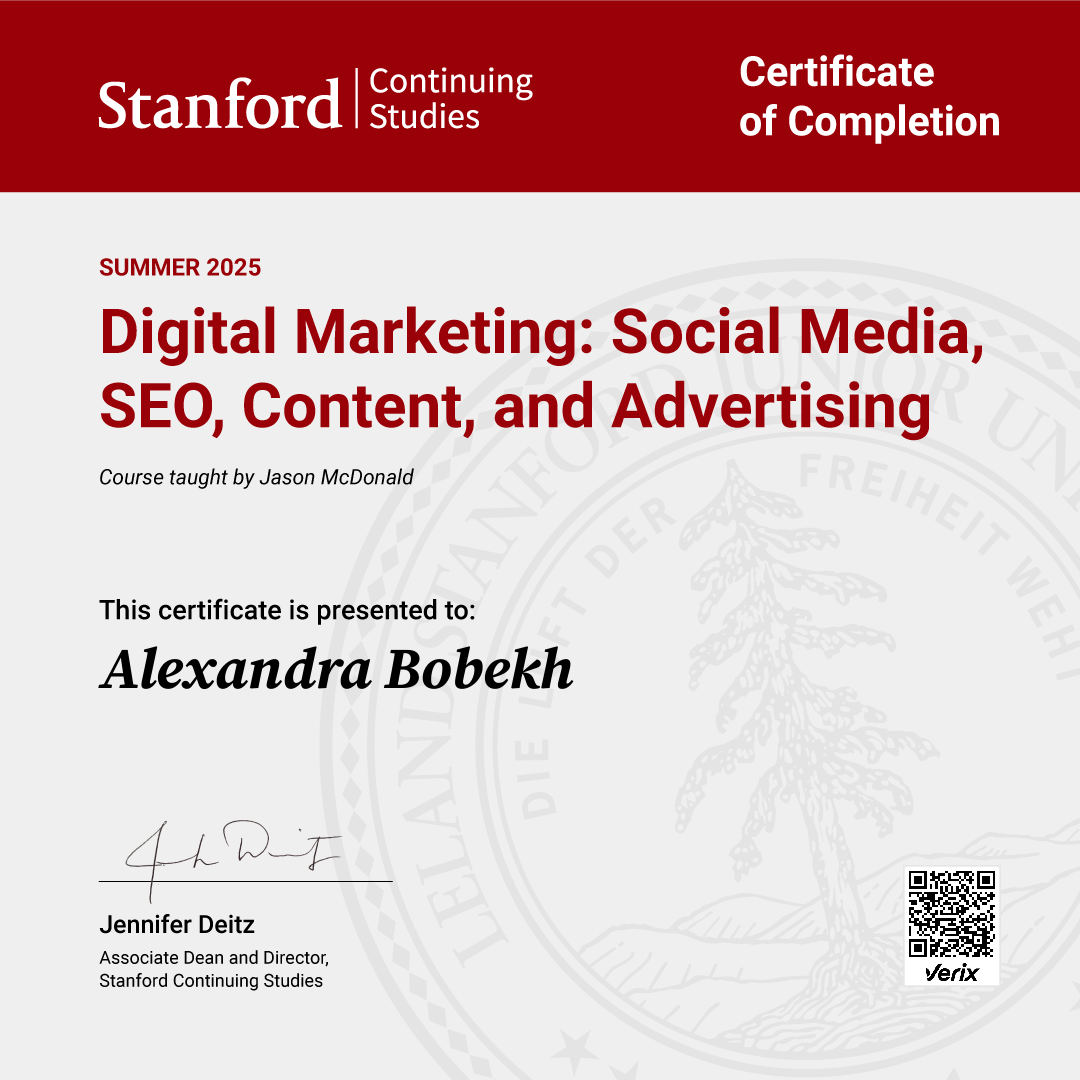 Alexandra Bobekh: Certificate of Completion — Digital Marketing: Social Media, SEO, Content, and Advertising