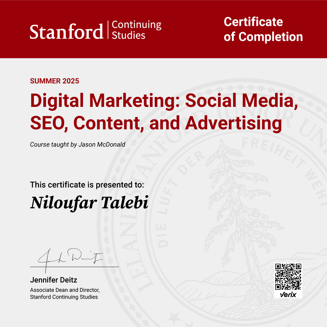 Niloufar Talebi: Certificate of Completion — Digital Marketing: Social Media, SEO, Content, and Advertising