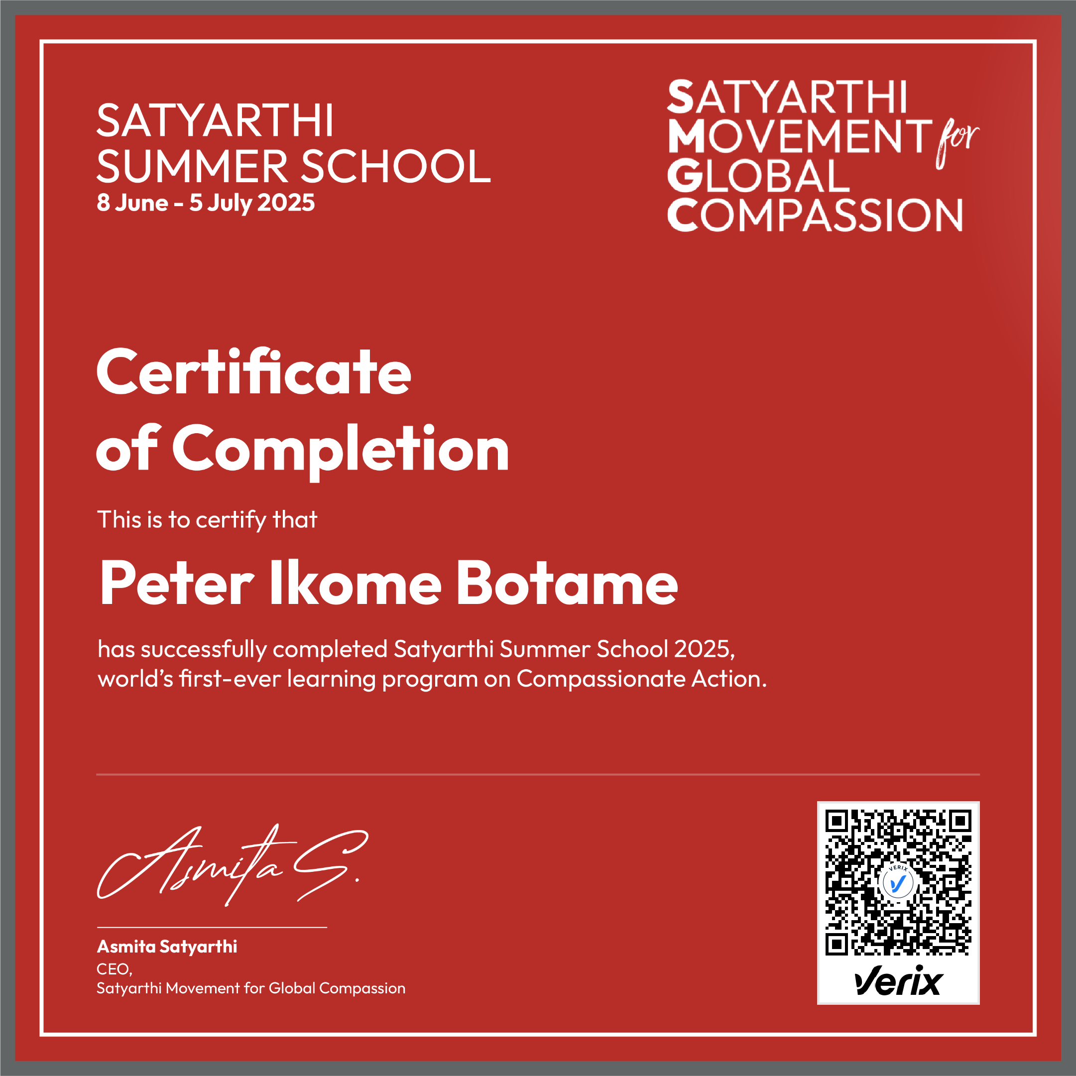 Satyarthi Summer School Completion Certificate