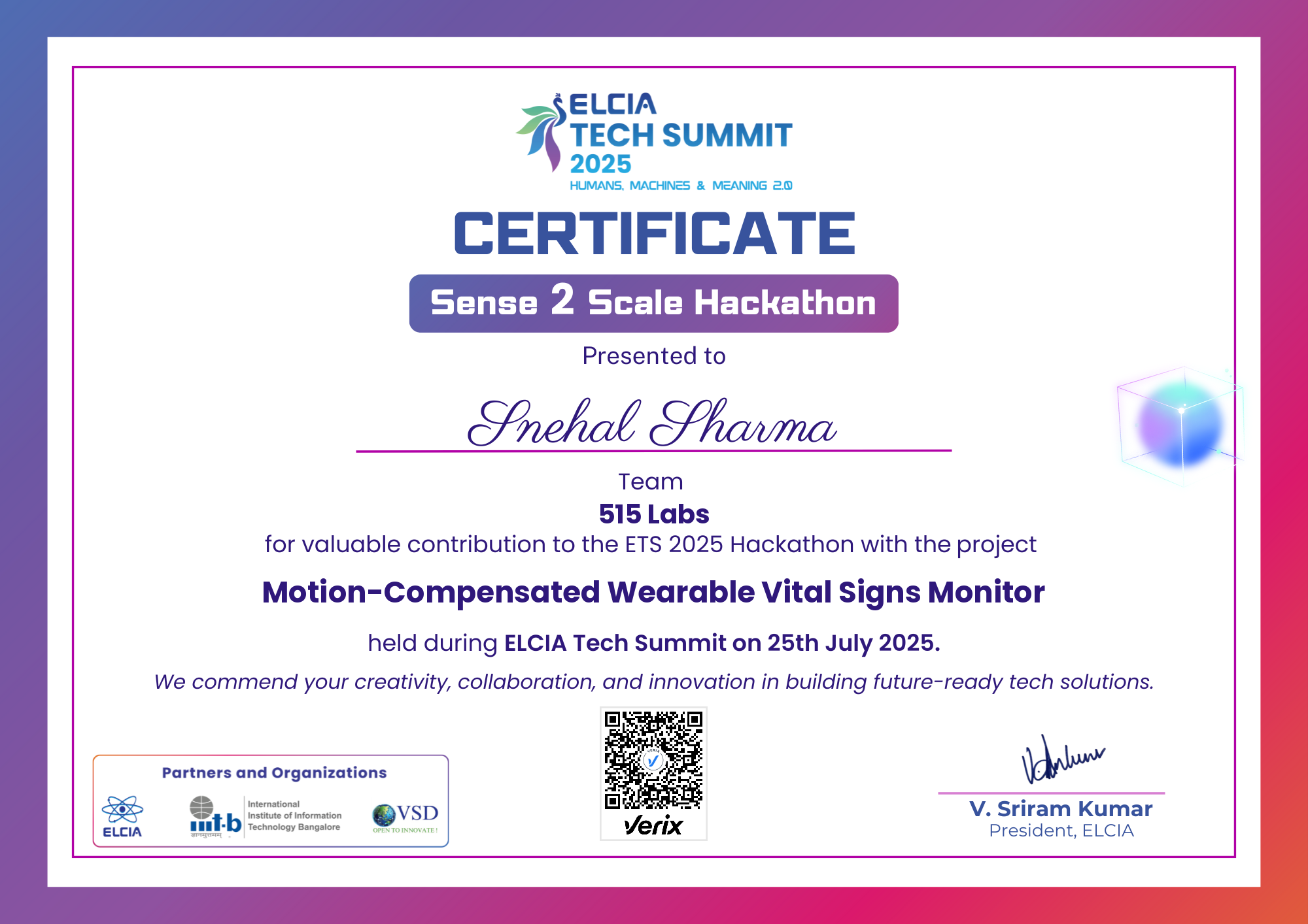 ELCIA Tech Summit 2025 Hackathon Certificate